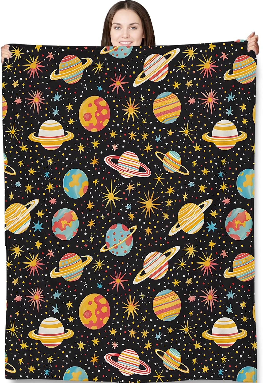 Outer Space Planets Throw Blanket for Adults Kids, 50x60 in, Colorful Galaxy and Stars Theme Flannel Blankets for Bedroom, Couch, Travel, Home Decor, Fuzzy Soft Cozy Warm Gifts