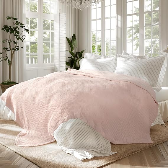 Pink Cotton Muslin Blanket Queen Size for Bed, Breathable and Lightweight Large Muslin Bed Blankets for All Season, Soft Jacquard Gauze Blanket for Adults, Pink, 90x90 Inches