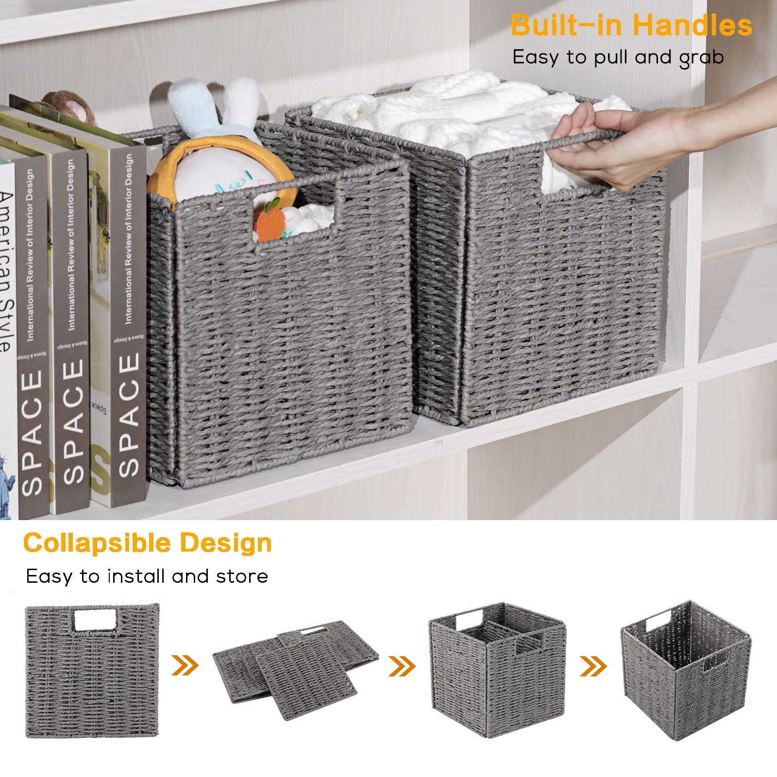 Vagusicc Storage Basket, Set of 2 Hand-Woven Paper Rope Wicker Baskets for Storage, Foldable Cube Storage Bins Organizer, 9 inch Large Wicker Storage Baskets for Shelves Pantry Organizing Decor, Grey