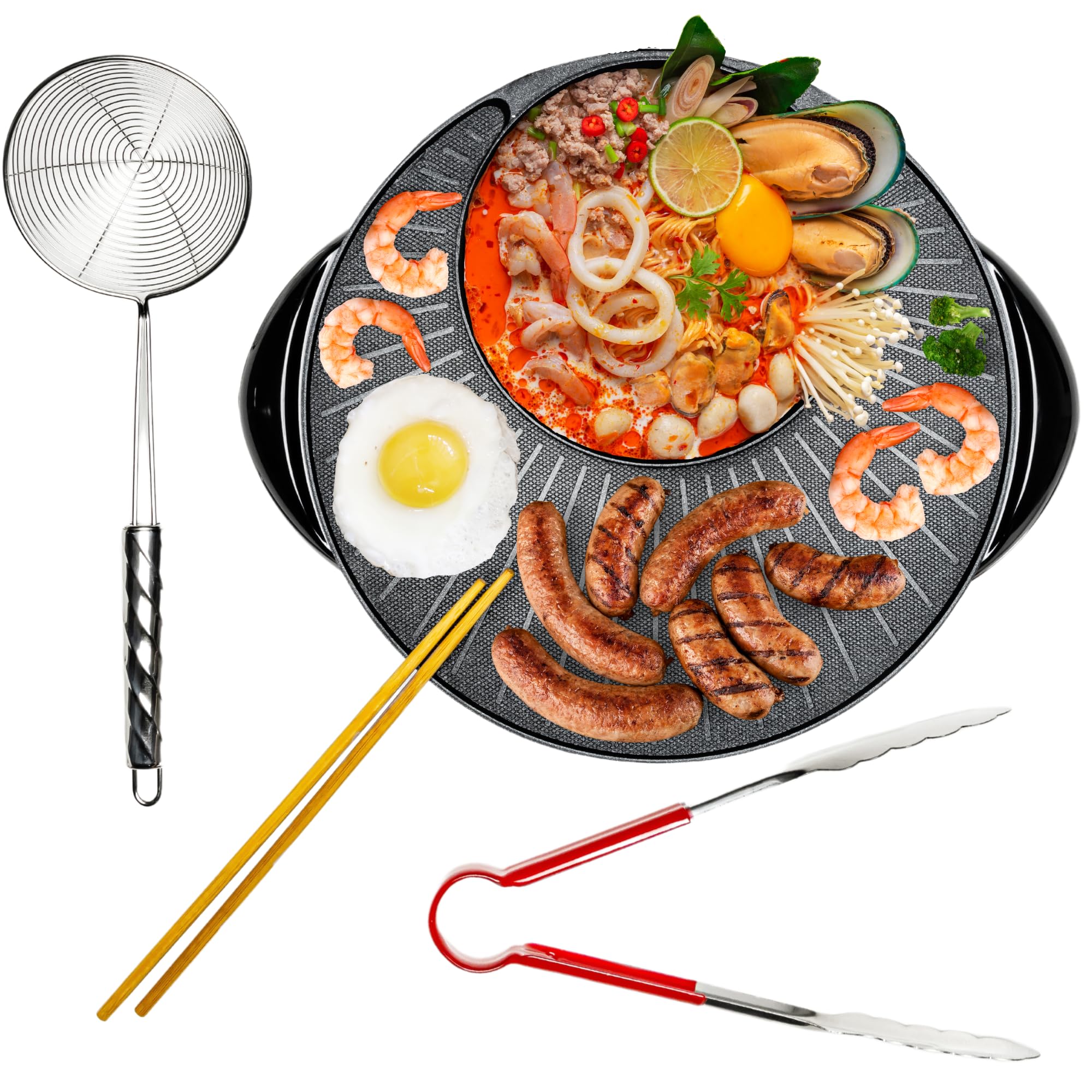 OVENTE Electric Hot Pot and Grill Combo, 2-in-1 Portable Countertop Cooker with Temperature Control Perfect for Korean BBQ, Shabu Shabu and Soup with Free Strainer, Chopsticks and Tong, Black GH10133B