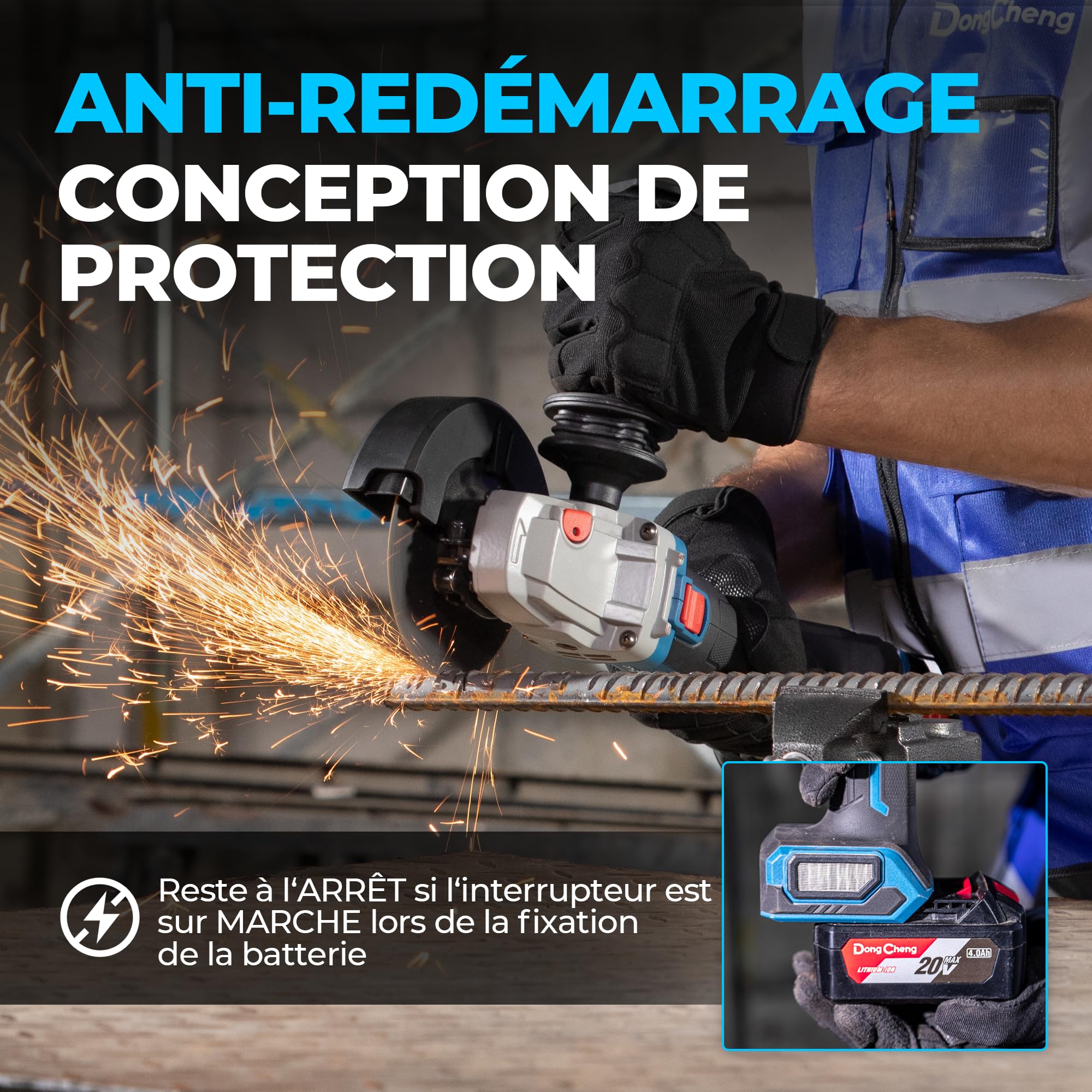 DongCheng Meuleuse d'angle sans fil 20V, Moteur sans balais, Disqueuse sans fil 125 mm, poignée anti-vibrations, 2 disques abrasifs, 2 disques à lamelles, 2 disques à tronçonner, batterie 4,0 Ah