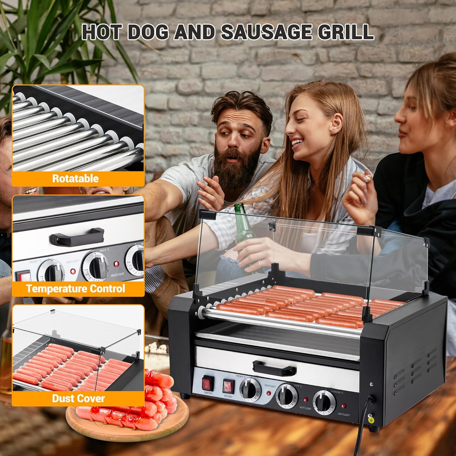 Hot Dog Roller Machine Commercial 11-Roll Stainless Steel Sausage Grill, 30-Capacity with Dual Temperature Control & Glass Hood - 1950w Heavy Duty for Food Trucks, Parties, Events, Restaurants