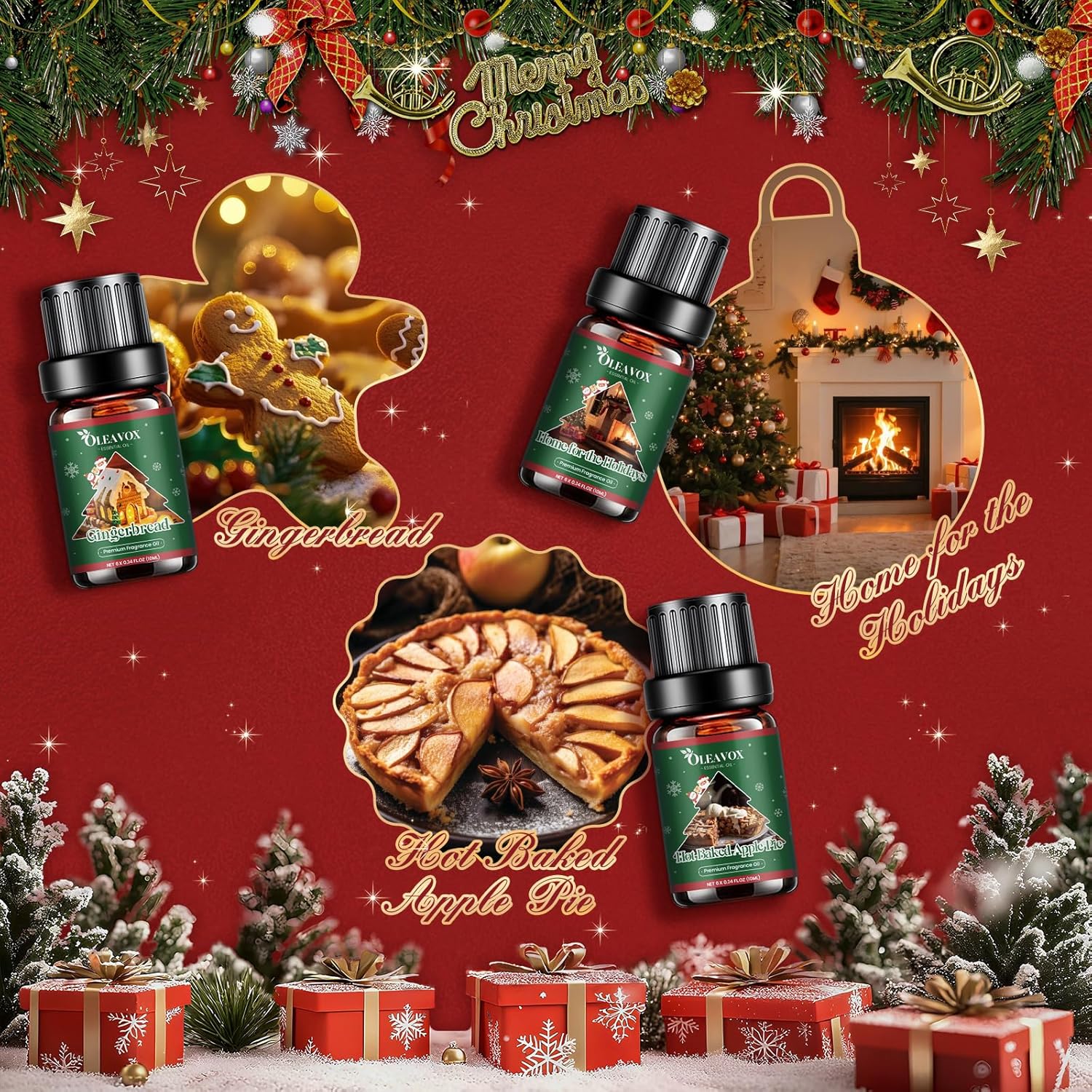Christmas Essential Oils Set, 6 Premium Winter Fragrance Oils for Diffuser, Candle Scented Oils Gift,Gingerbread, Cinnamon Roll, Hot Baked Apple Pie,Home for the Holidays, Jack Frost, Chocolate Orange - Image 3
