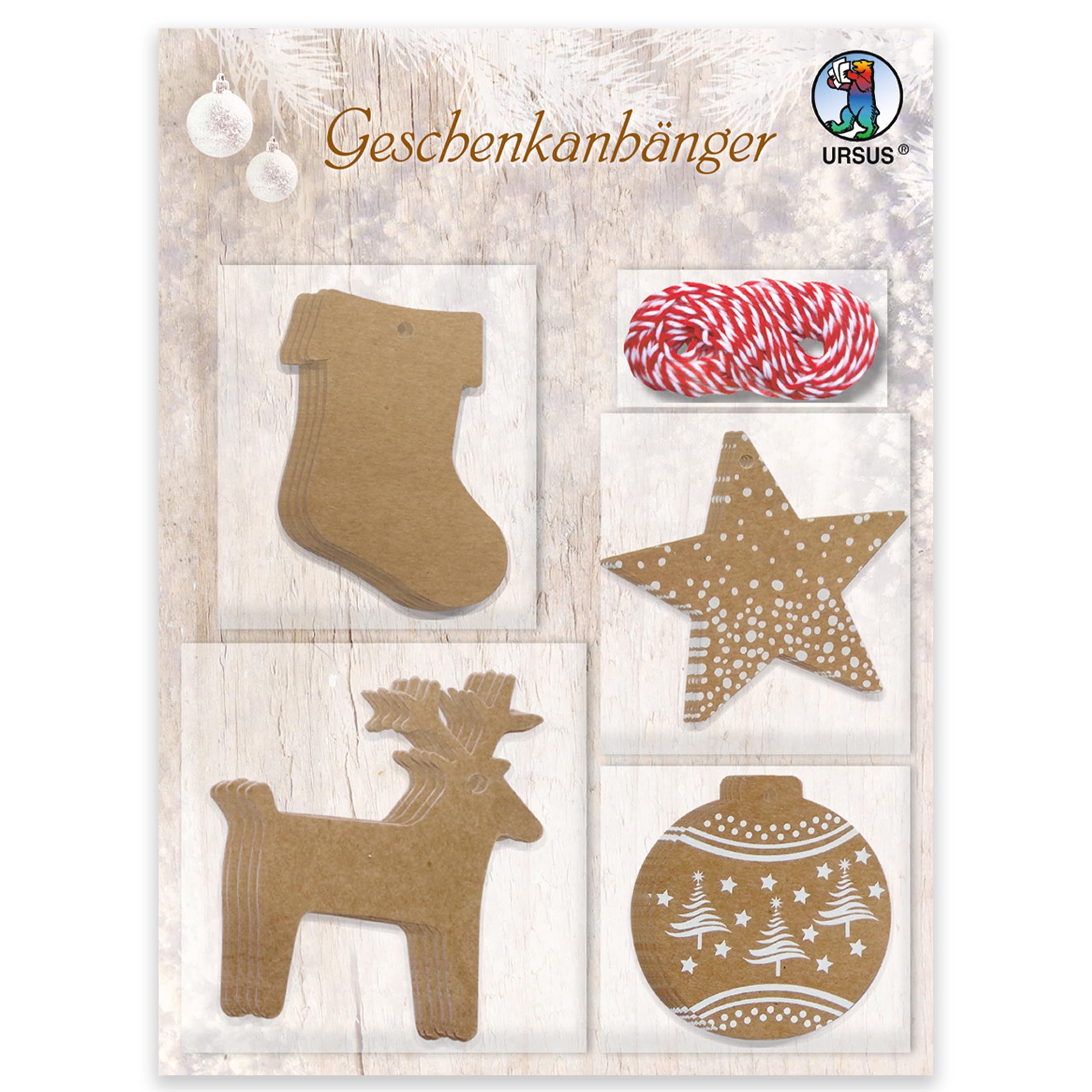 Ursus 41300001F Gift Tags Christmas 1, Pack of 20, with 3 m Cord, 4 Designs, Tags Made of Kraft Cardboard for Decorating and Labelling