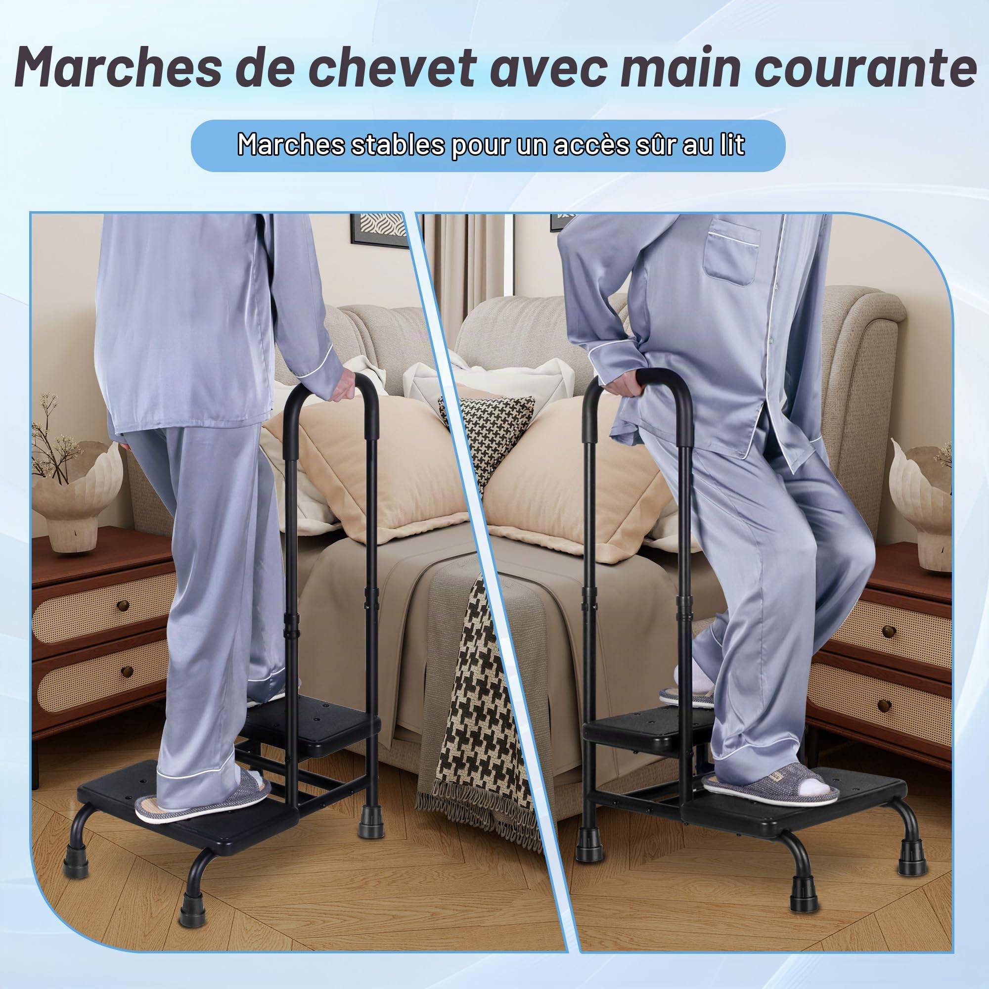 Escabeau Marchepied pour Lits Superposés Adultes - 2 Tabourets Réglables avec Main Courante, Plateforme Antidérapante, Usage Cuisine/Voiture/Caravane/Baignoire/Lit（Noir）
