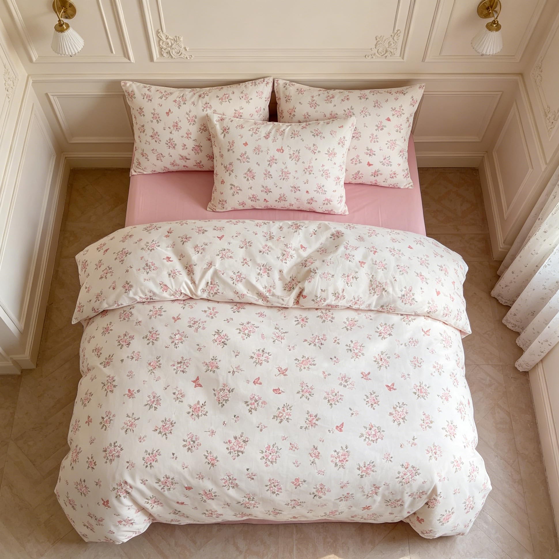 Housse de couette florale 240x260 cm rose et blanc crème avec ses 2 taies d'oreiller assorties