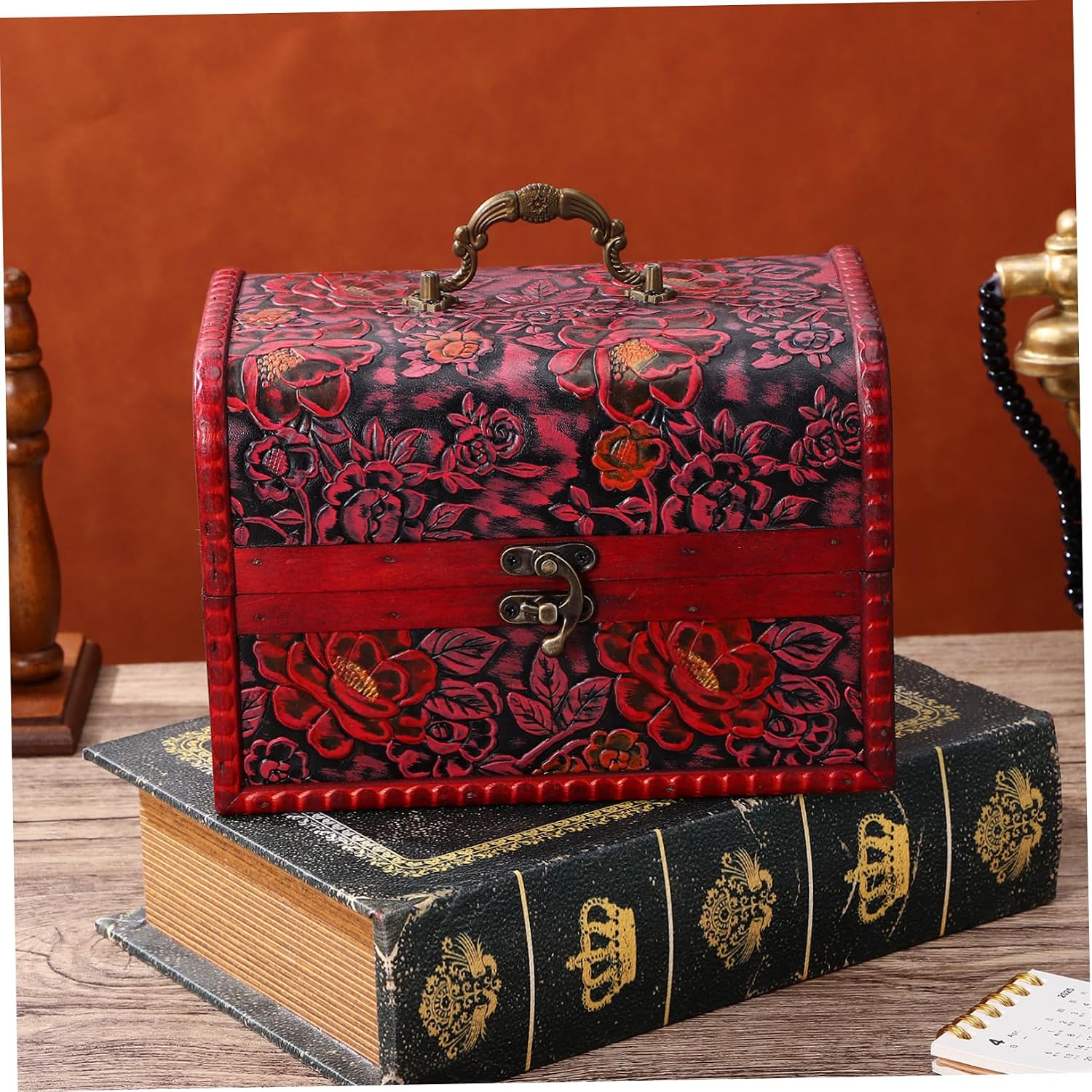 Zerodeko Wooden Treasure Chest Jewelry Box with Floral Pattern Vintage Design Jewelry Storage Container Portable Box for Jewelry Sundries Compact for Easy Use