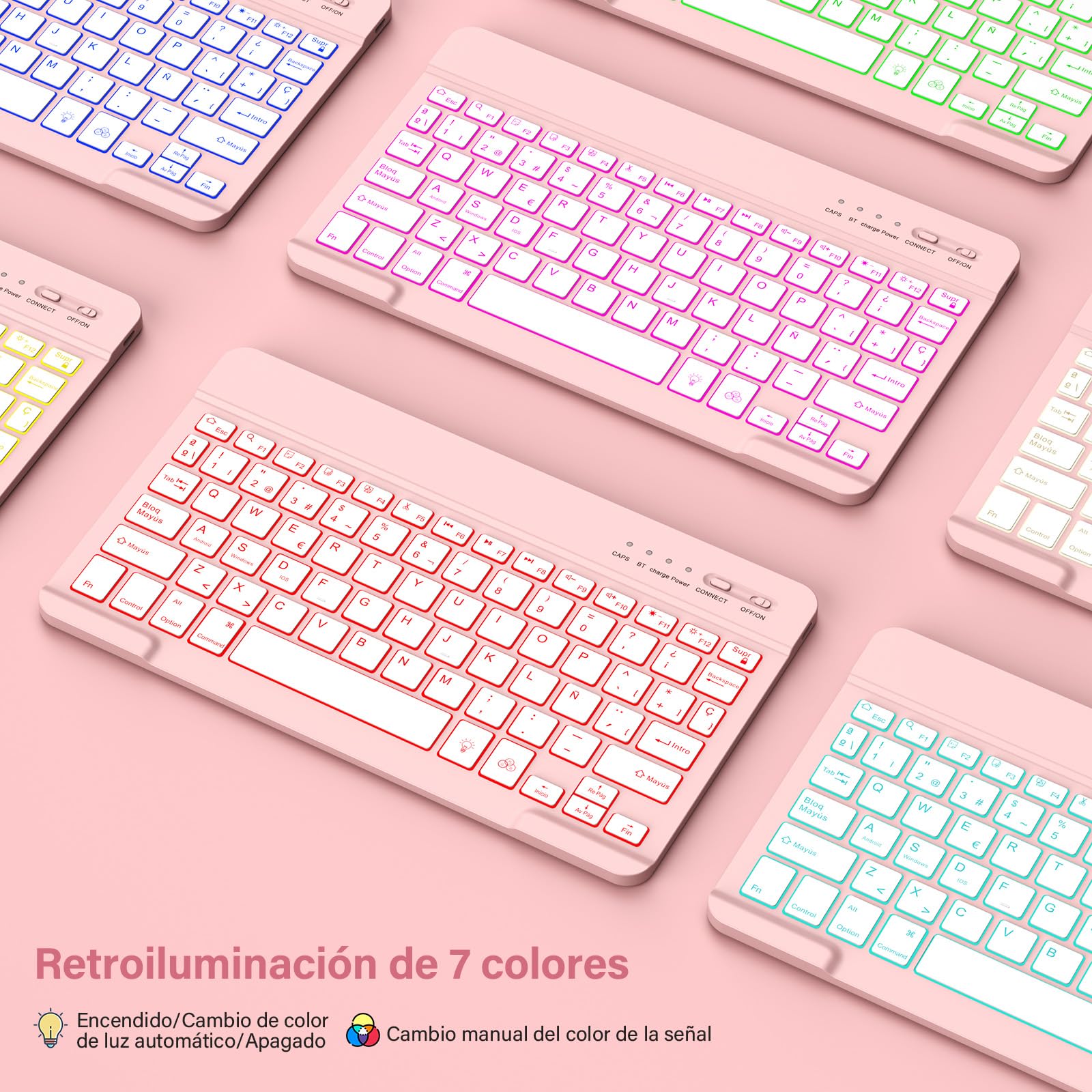 KBCASE Teclado for iPad A16 11.ª Generación 2025/10.ª Generación 2022 (10.9/11 Pulgada), Retroiluminado de 7 Colores Bluetooth Magnéticamente Teclado para iPad 11/10 Gen, Español Ñ, Rose
