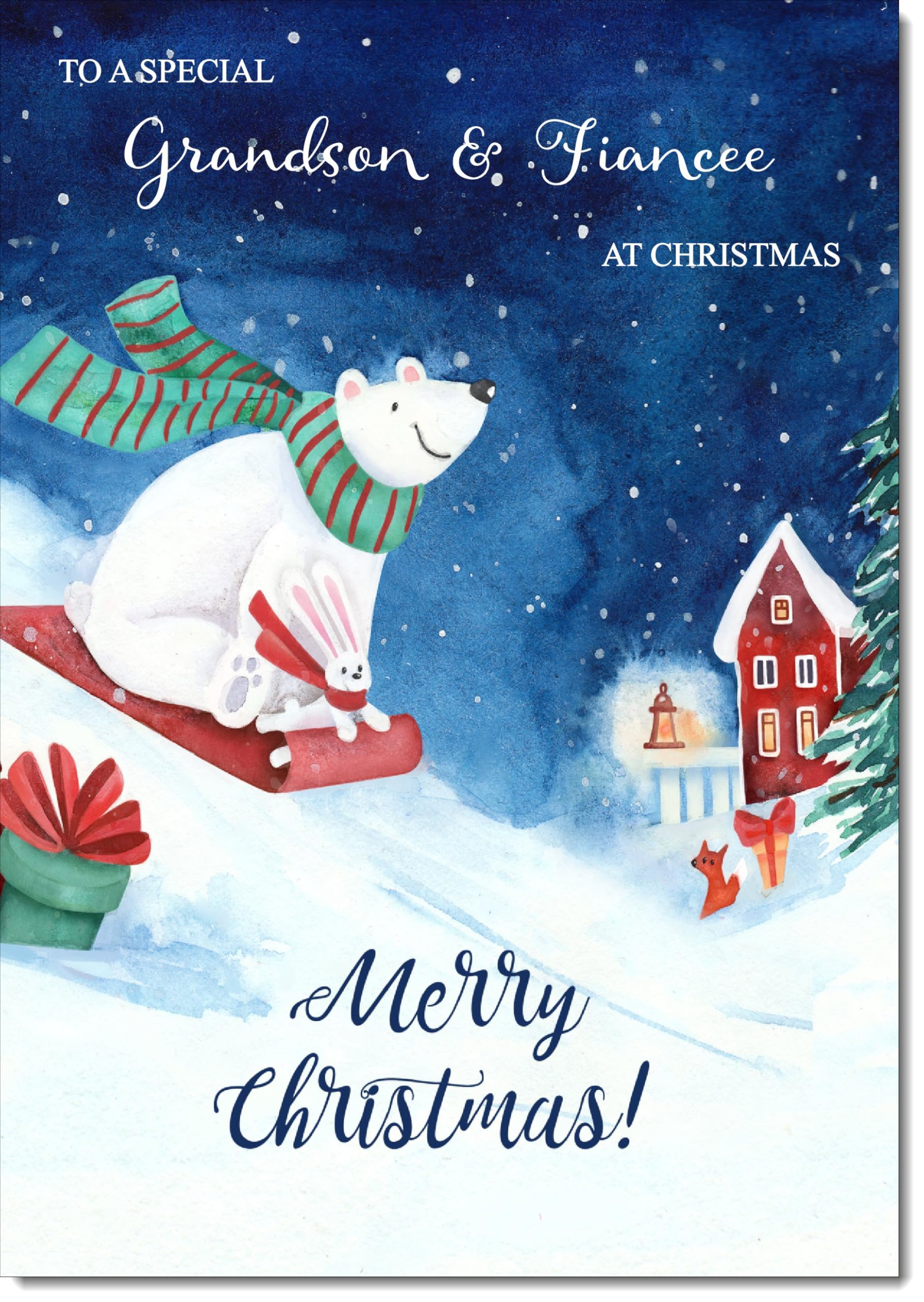 doodlecards Grandson and Fiancee Christmas Card Bear on Sled Large A4 Size Christmas Card for Grandson & Fiancee with Plain Envelope