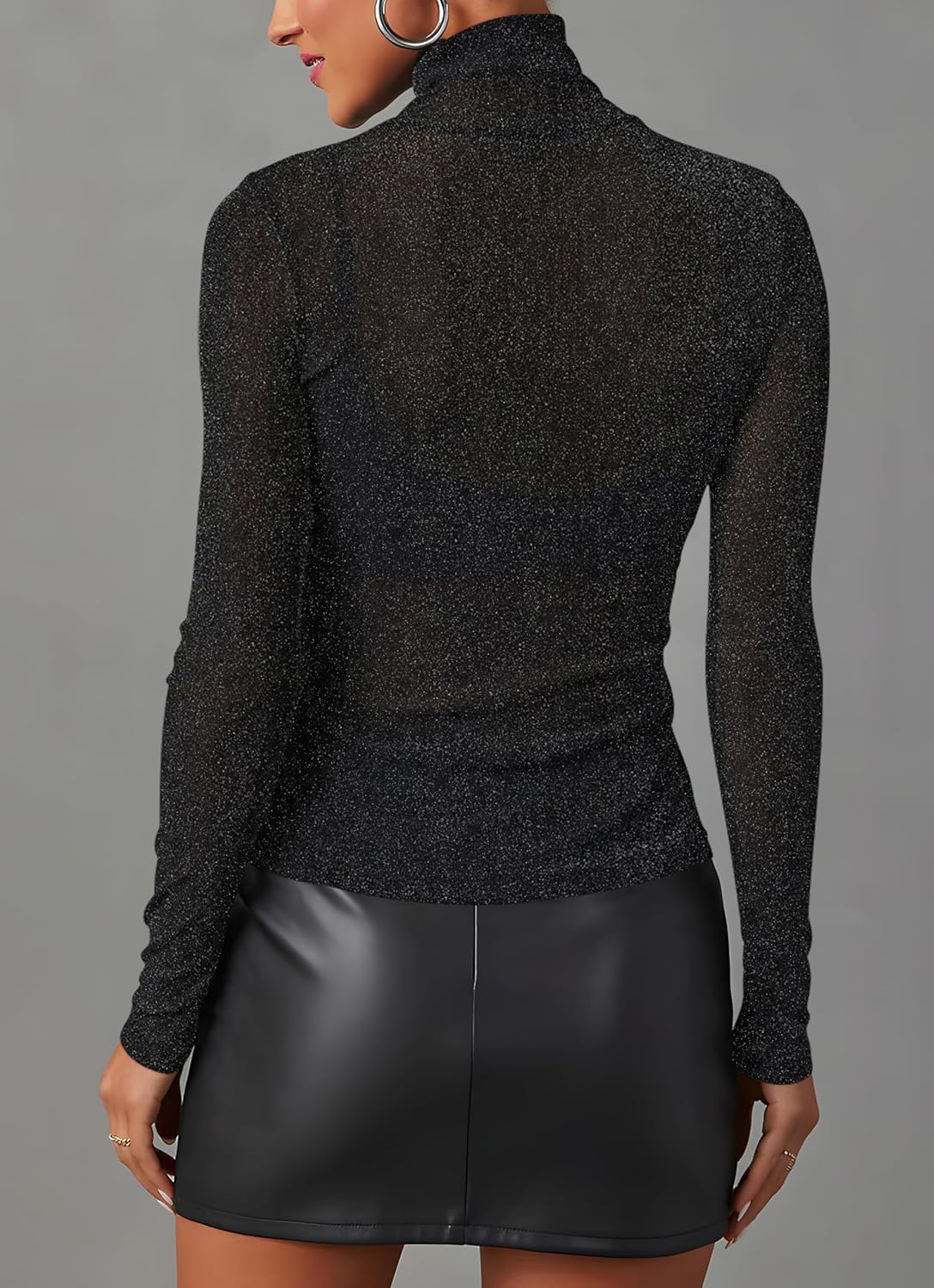 AISEW Womens Mesh Sheer Long Sleeve Glitter Tops Sexy See Through Sparkly Shirts Turtleneck Layering Top Shirt - Image 2