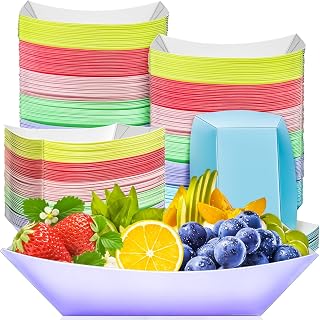 MotBach 100 Pack Colorful 3LB Paper Food Boat Trays Disposable Paper Boats Plates Containers, Colored Kraft Food Serving Boat Tray Basket for Snack Sandwich Burger BBQ Dessert Popcorn Taco Fries Nacho