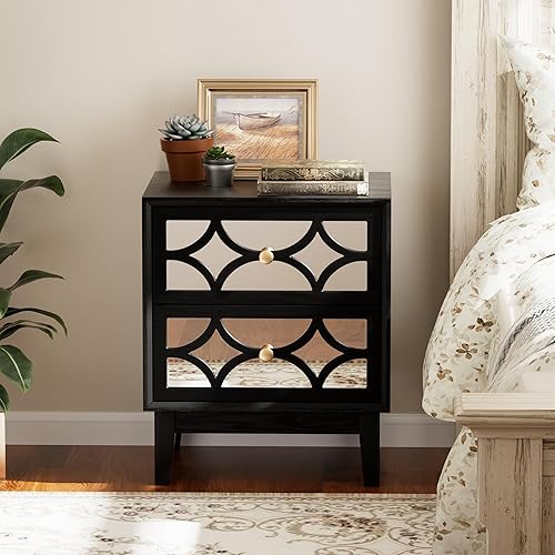 Miniatura 5 de COZAYH Modern 2 Drawer Nightstand with Mirrored Fronts, Elegant Geometric Pattern Bedside Table for Bedroom, Black