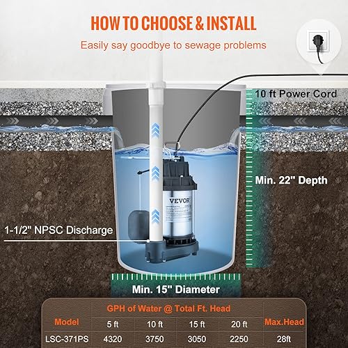 Miniatura 6 de VEVOR Bomba de sumidero sumergible de 1/2 HP, bomba de sumidero con superficie de acero inoxidable, cable de alimentación de 10 pies, descarga NPT