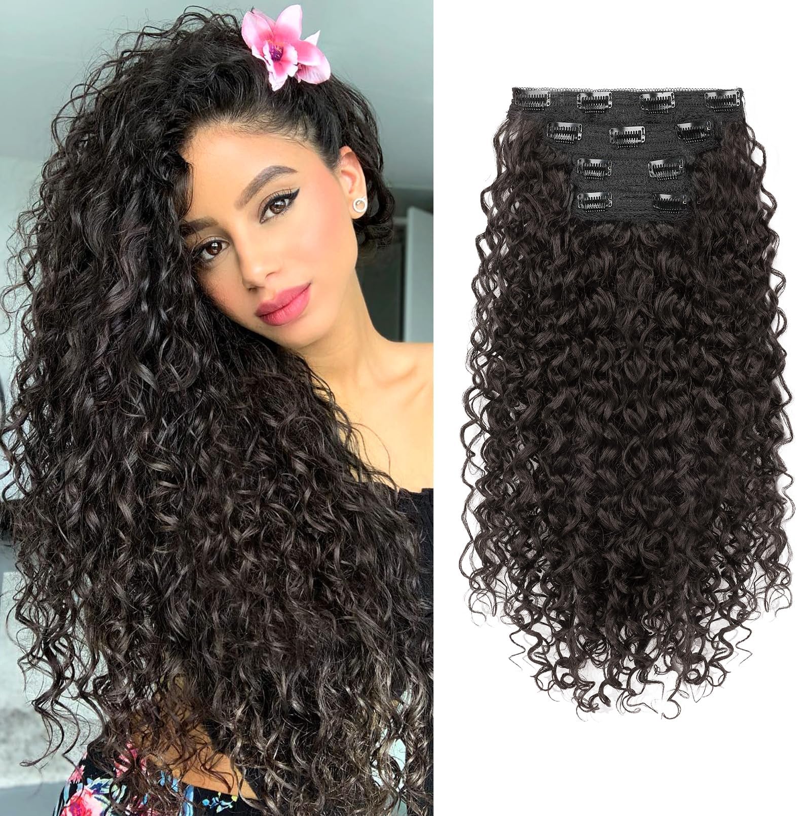 Clip in Hair Extensions, FLUFYMOOZ 4PC 100％ Pure Protein Silk Hair Extensions Long Soft Natural Hairpiece 20 Inch Curly Hair Extension for Women (Dark Chocolate Brown)