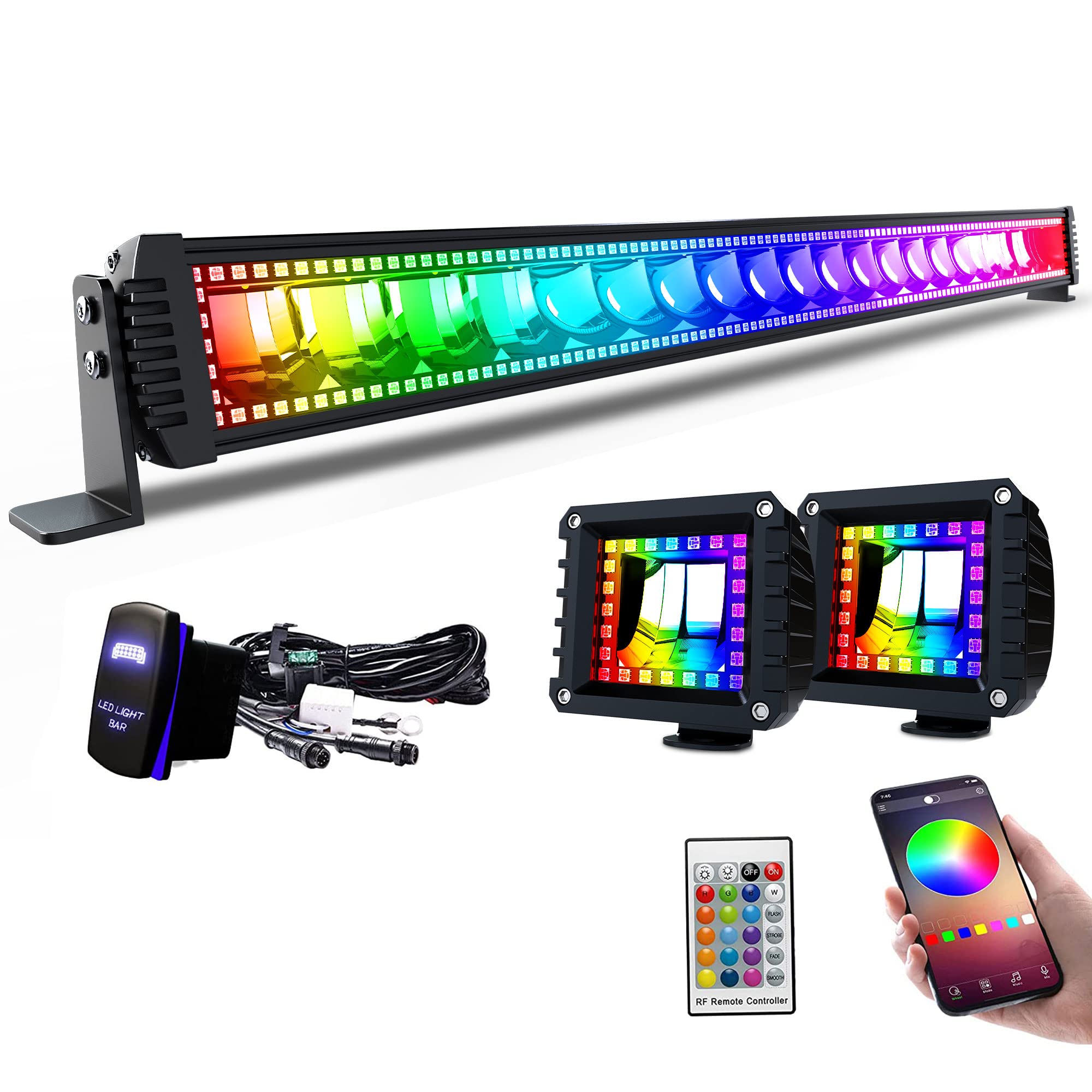 RGBW LED Light Bar 42'' inch 240W Flood Spot Combo Beam 2PCS 4 Inch 18W Flood RGB LED Pods with 16 Solid Colors Chasing RGB Halo Ring Changing with Strobe Flashing with Rocker Switch Wiring