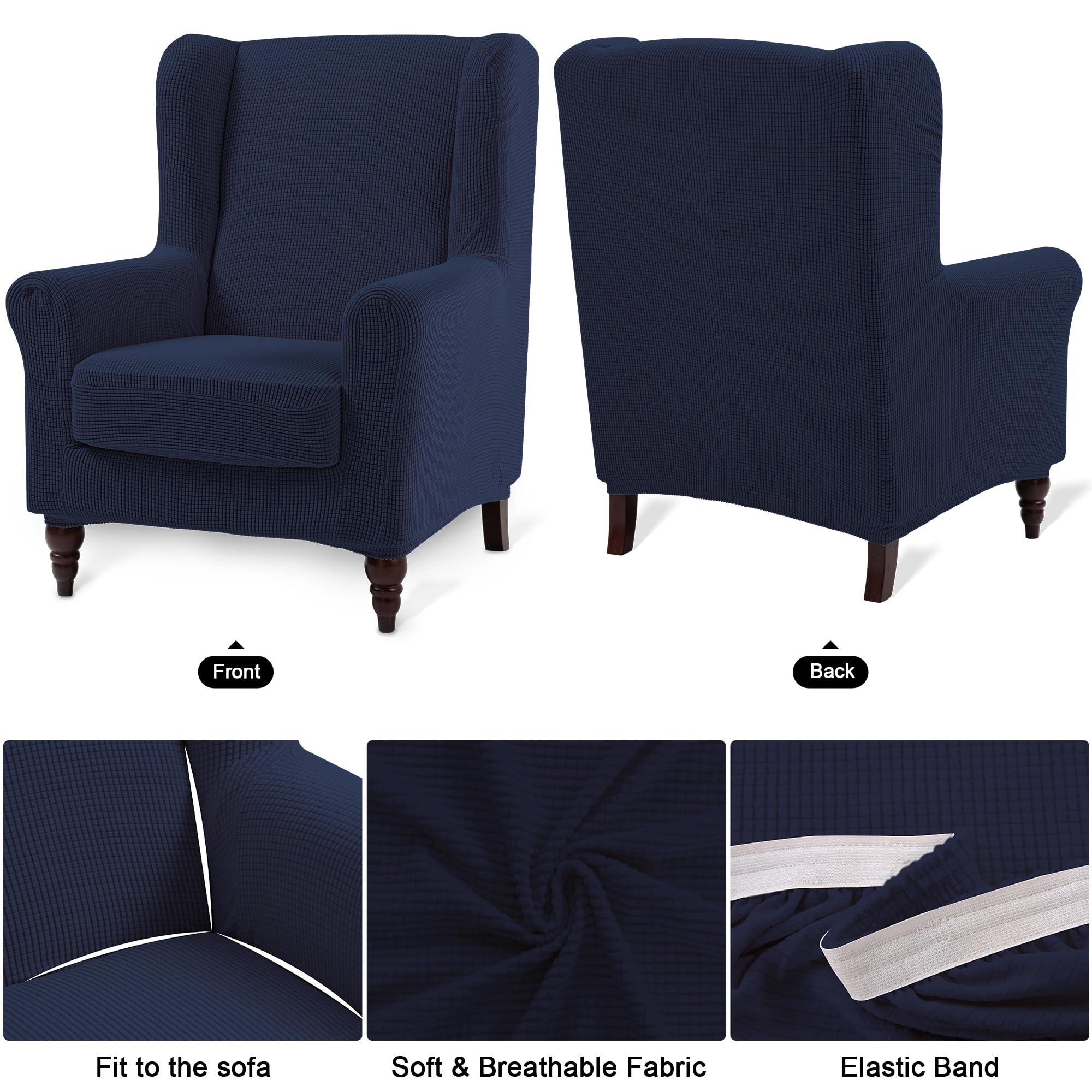 TIANSHU Copripoltrona con Orecchie Elastico, Copripoltrona 1 Posto con Fodera Per Cuscino Tessuto Jacquard Spandex con Fondo Elastico per Soggiorno Camera Da Letto Hotel (Tipo A, Blu Scuro