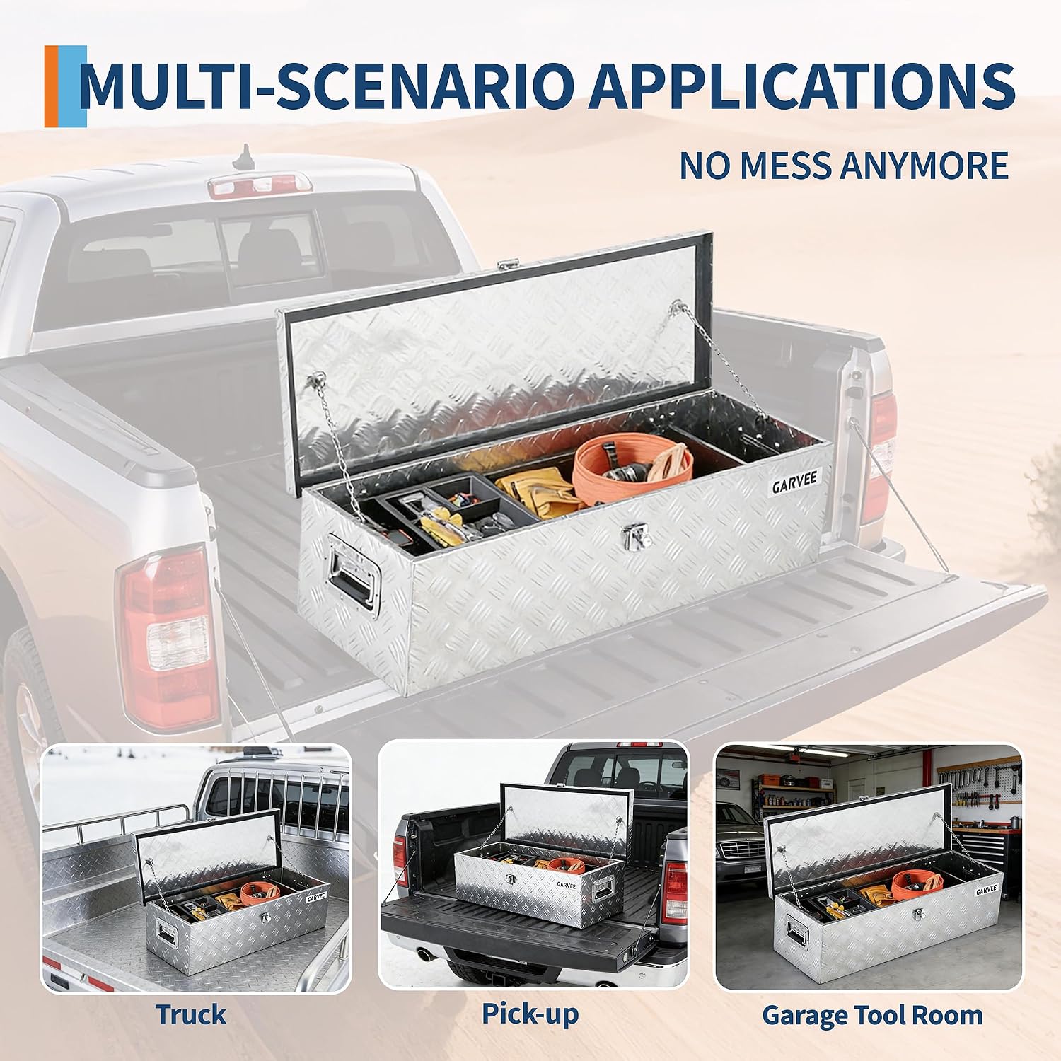 Garvee 48 Inch Aluminum Truck Bed Tool Box - Heavy Duty Diamond Plate Tool Chest with Lock and Keys | Storage Organizer for Pickup Trucks, RV, Trailers | Side Handles, 48 x 15 x 15 Inches, Silver