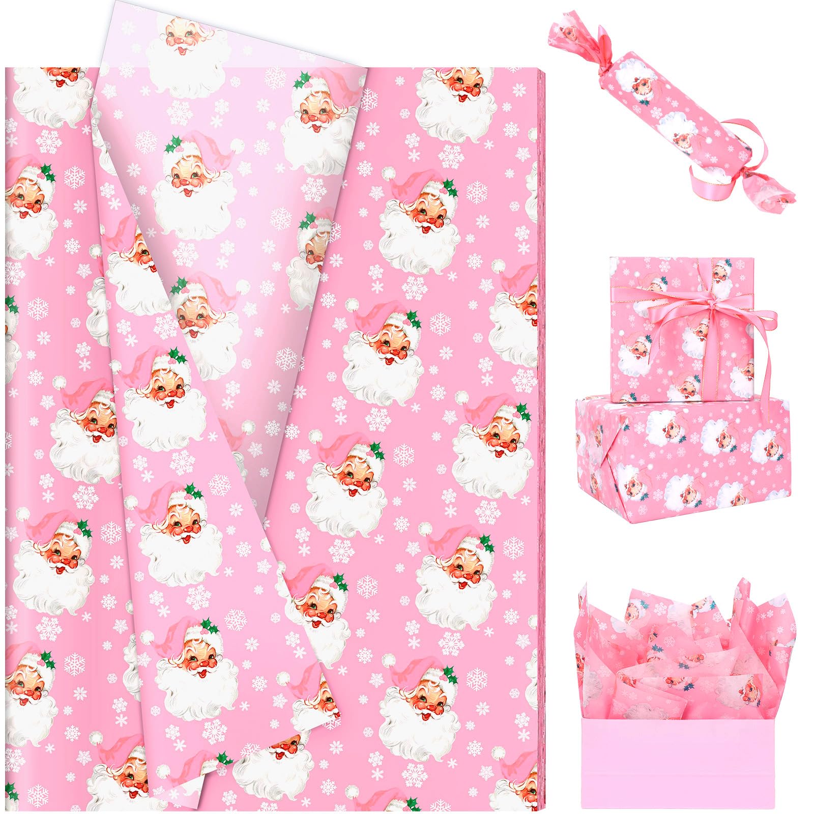 100 Sheets Pink Xmas Santa Tissue Paper, 20 x 14in Snowflake Print Wrapping Tissue Cute Santa Art Decorative for Christmas Girls Baby Shower Birthday