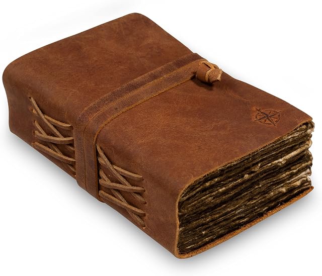 Small Vintage Leather Journal - Antique Handmade Leather Bound Journal with Old Fashioned Deckle Edge Paper - Perfect for Writing, a Diary, Notetaking, Sketching - Only 10x15.25cm