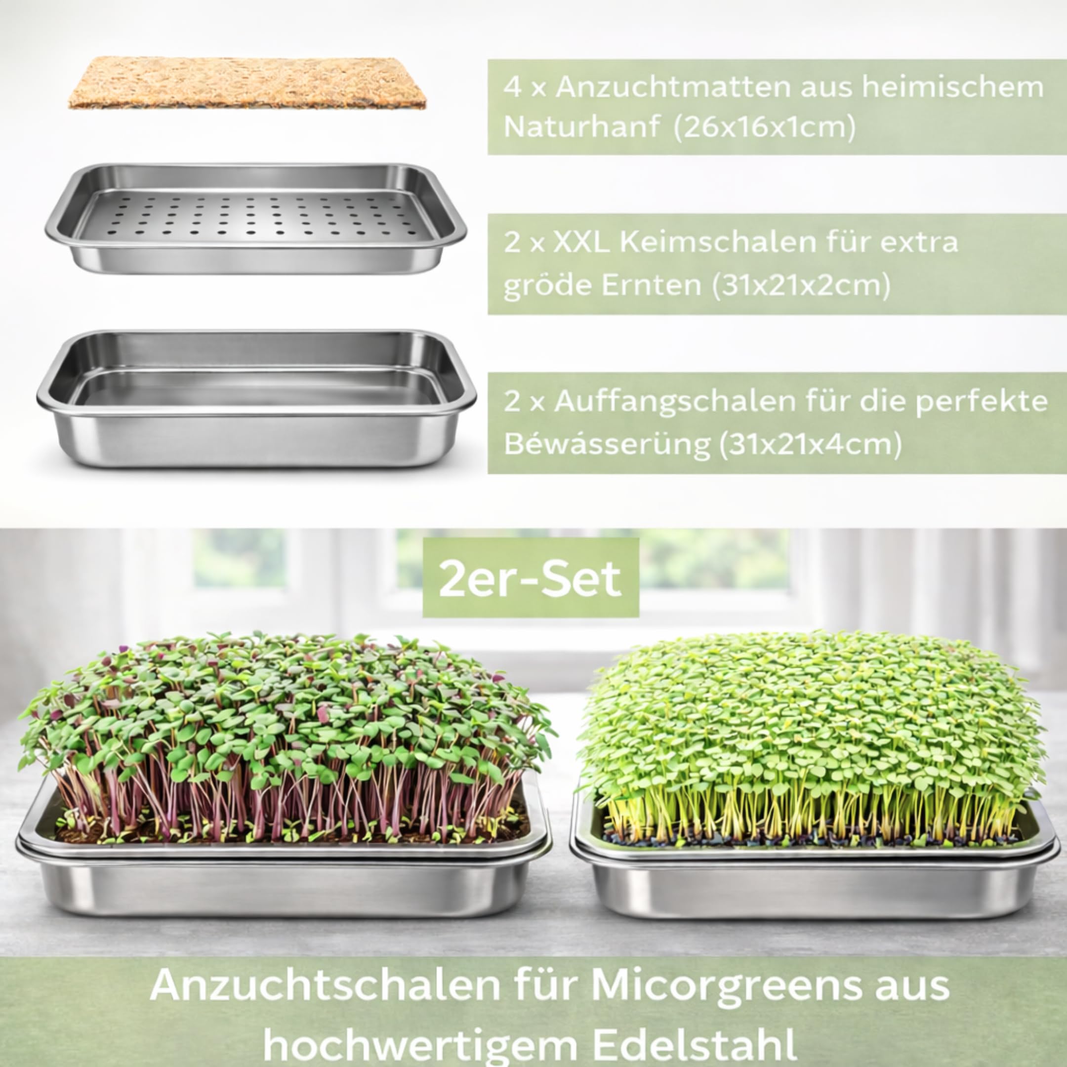 Friendly Fox Microgreens Anzuchtschale aus Edelstahl, 2er Set mit Hanfmatten, Keimschalen für Sprossen und Microgreens, Plastikfrei, 31x21 cm