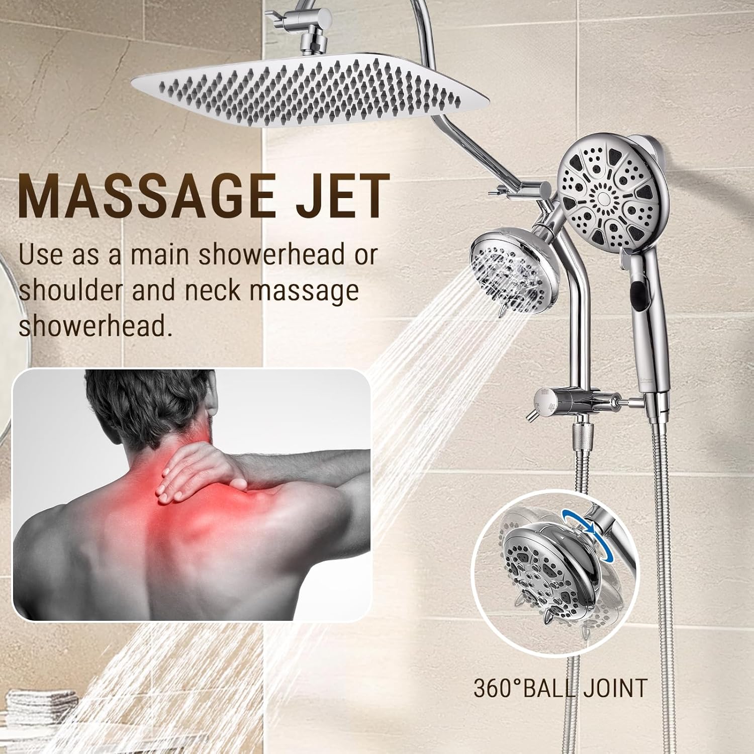 G-Promise 12 Inch Metal Rain Shower Head with Handheld Spray Combo, Massage Fixed and 7+2 Function Handheld Showerhead, Extended Diverter with 12 Inch Extension Arm, Extra Long stainless steels Hose