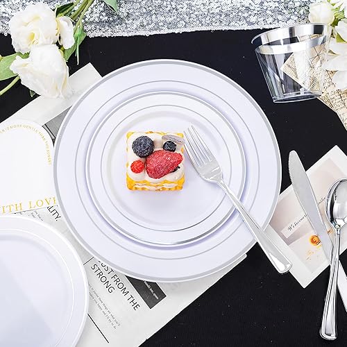 Miniatura 10 de BUCLA - 350 platos de plástico color oro rosa con cubiertos de plástico desechables y servilletas, con diseño de encaje de plástico para bodas y
