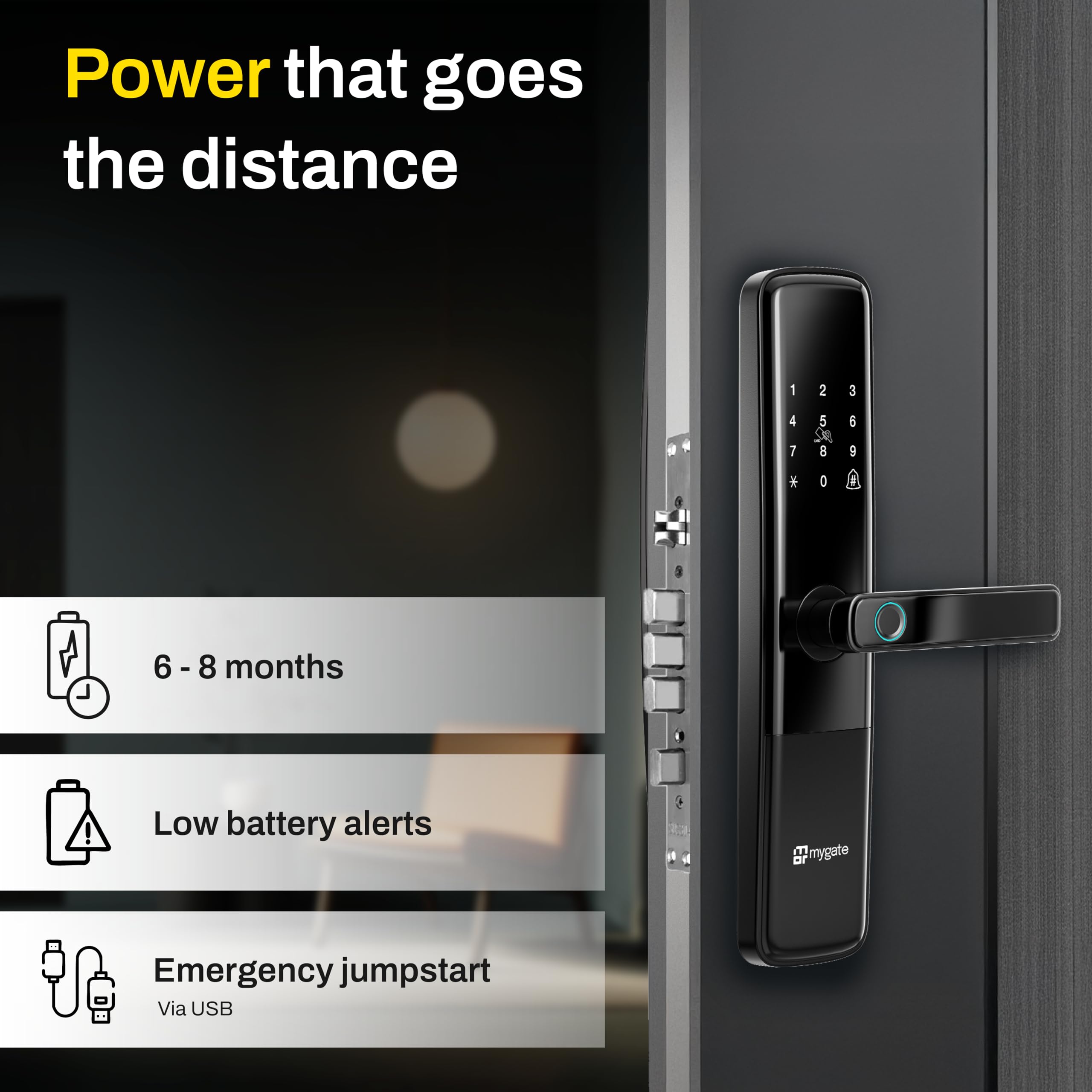 Mygate Smart Door Lock Plus (2026 Model) with 6-Way Unlock | Fingerprint, PIN, Mobile App, RFID Card, Manual Keys | Remote Unlocking via OTP | for Main Wooden Doors (Glossy Black) 4