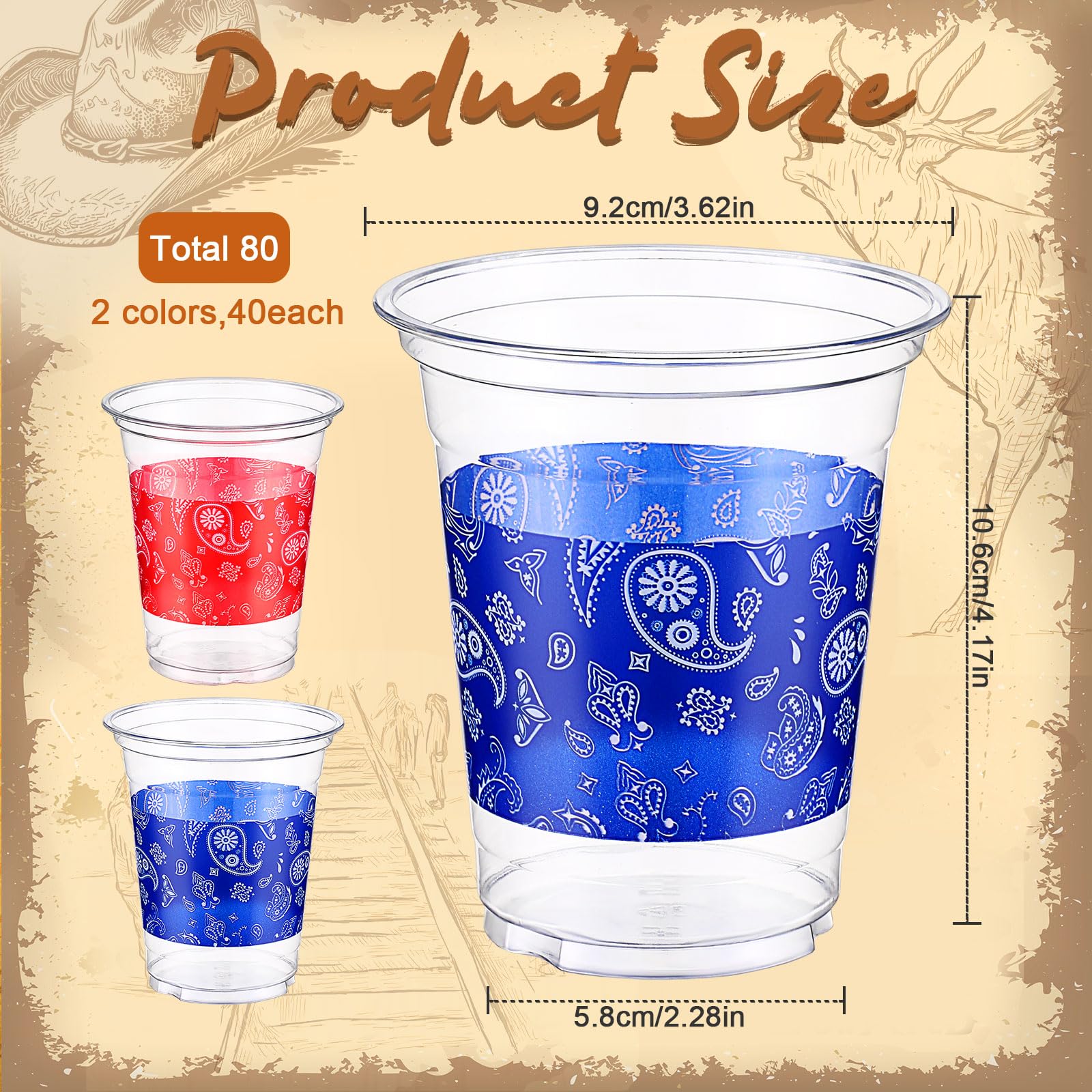 Jingmore 80 Pack 12 oz Western Cowboy Cup Bandana Disposable Clear Plastic Cups for Western Cowboy Birthday Party Decoration