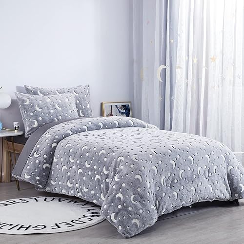 Miniatura 9 de HOMBYS Juego de edredón que brilla en la oscuridad de 3 piezas, tamaño individual/individual XL, juegos de ropa de cama de terciopelo gris para cama