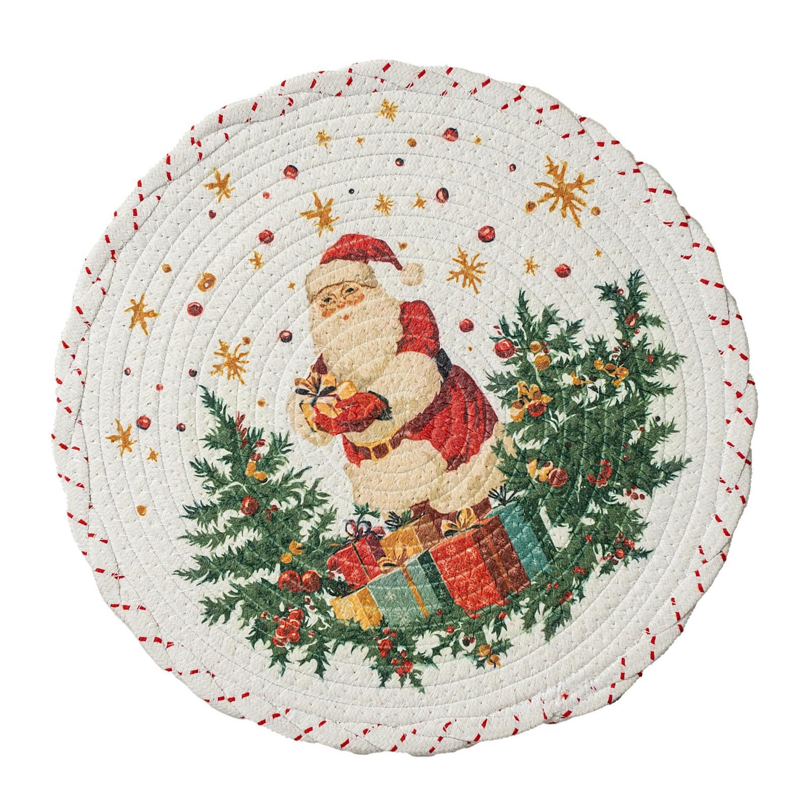 Qusinfc Snowflake Pattern Round Cotton Rope Placemat Waterproofs Surfaces Heatproof Protective Holiday Table Decoration Winter Snowflake Placemat