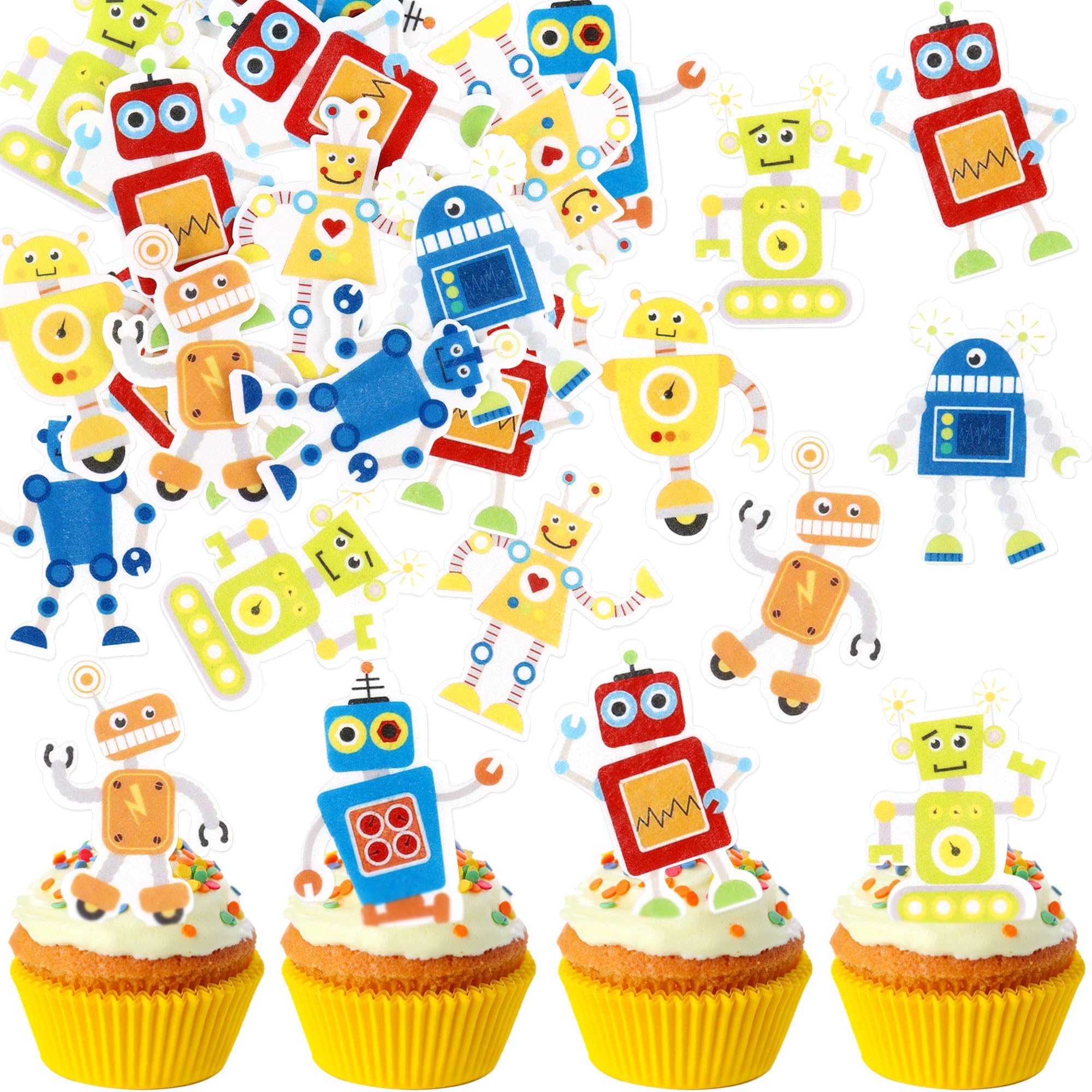 Blumomon 48 Pcs Essbar Robot Happy Birthday Cupcake Topper Robot Cake Toppers Baby Shower Kids Birthday Party Decoration Supplies โ image 1