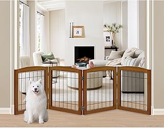LZRS 4-Panel Extra-Wide Wooden Freestanding Dog Gate: Foldable Solid Wood and Steel Wire Chew Resistant Safety Barrier for Doorways, Stairs, and Large Open Spaces Indoor Use, Cherry