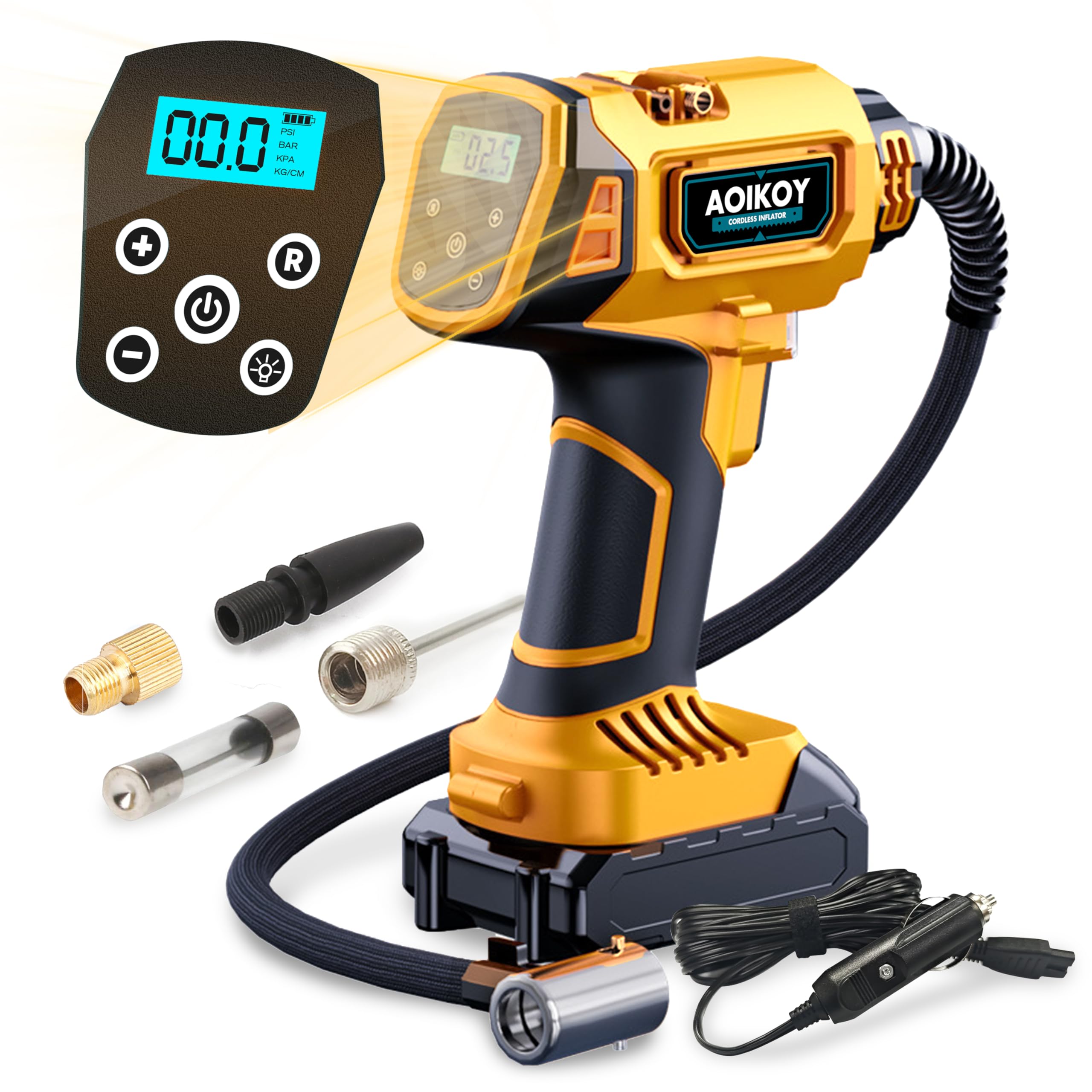 Inflador Ruedas Coche, para Batería Dewalt 21V, Compresor Aire Portátil 160 PSI, Pantalla LCD y Función de Parada Automática, para Moto, Bicicleta, Pelota, Coche, Pila no incluida