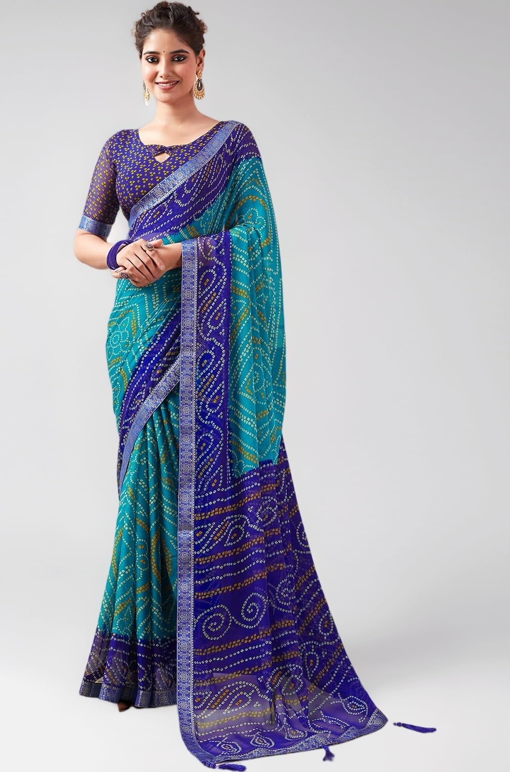 SAMAH Women's Bandhani Printed | Leheriya Printed Chiffon Saree with Unstitched Blouse Piece