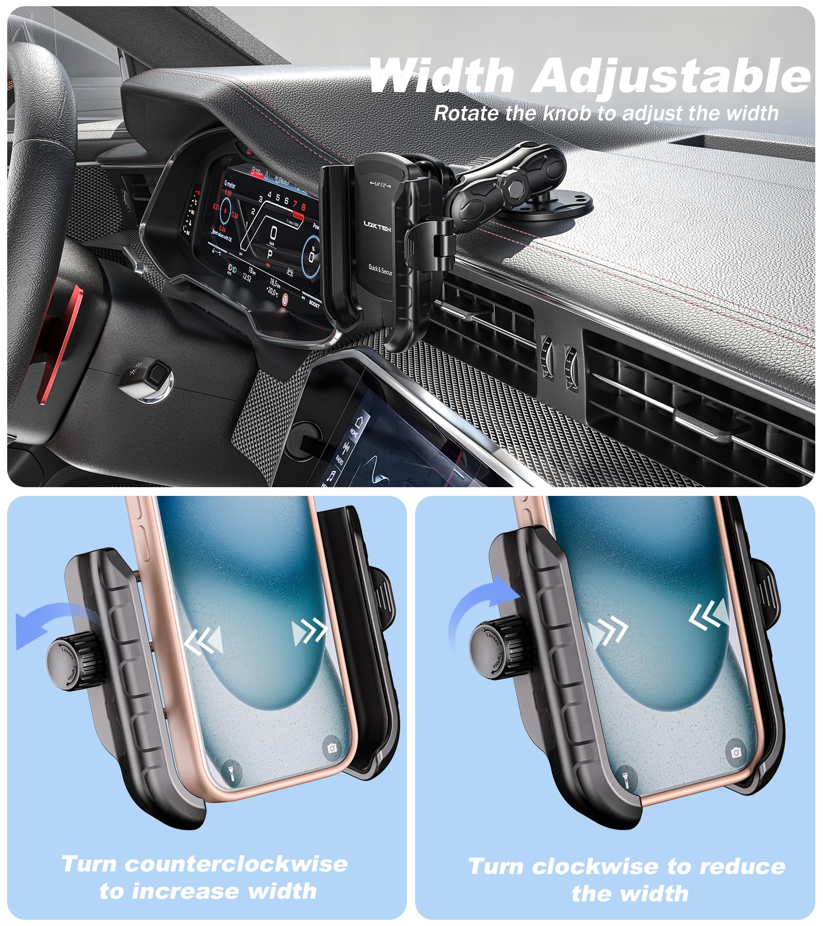 LOKTENWO Anti-Vibrations-Telefonhalterung mit Vibrationsdämpfer [Kamera ohne Blockierung] [1s Lock & Release] mit mittlerem Arm und runder Aluminium-Basis für Auto, LKW, UTV, Boot, passend für