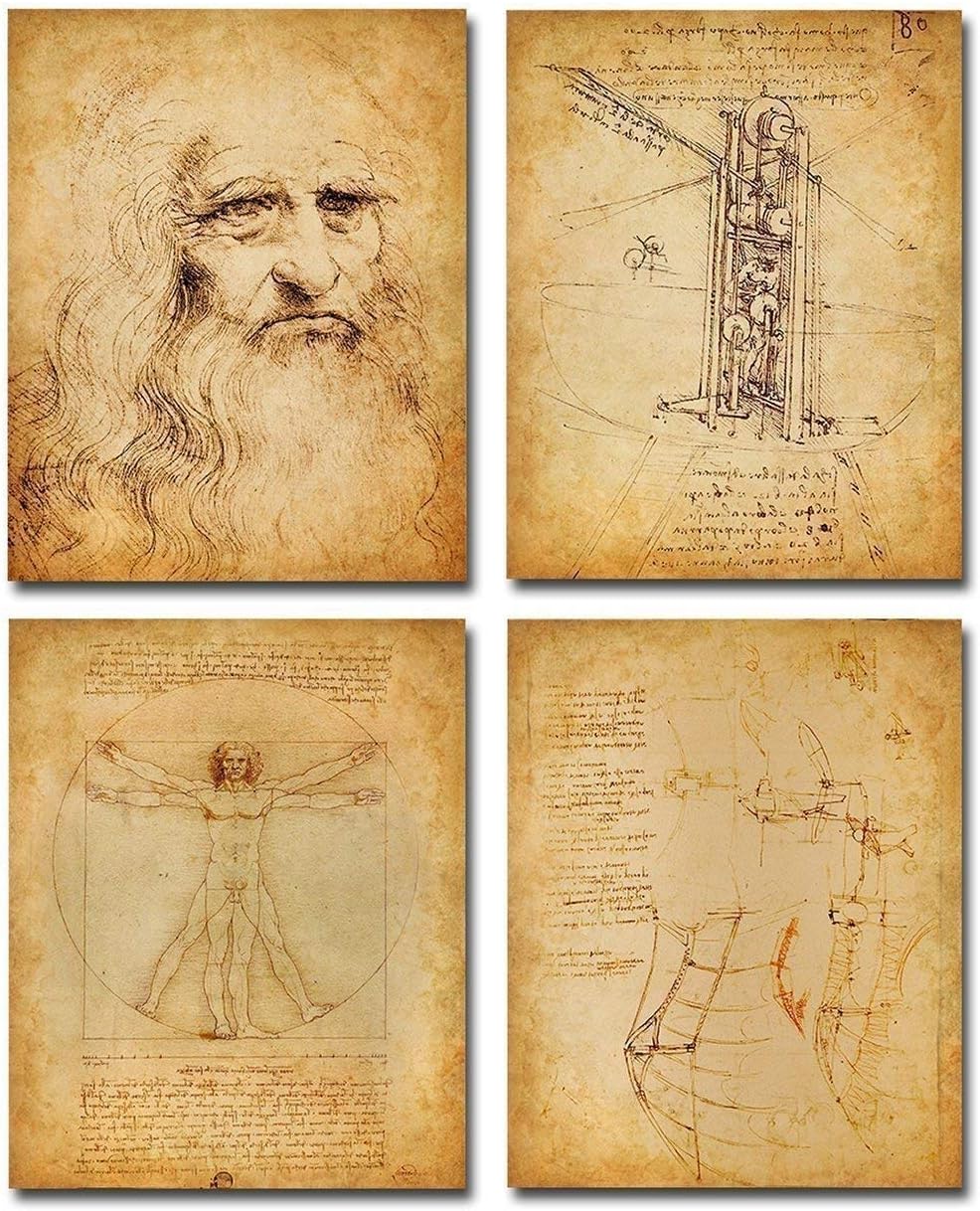 Original Leonardo da Vinci Art Prints - Great Home Office and Science Classroom Decor, Dorm Room and School Accessories, Vintage Teacher Gift Idea, Set of 4 Photos 8x10 Unframed Art Print Posters