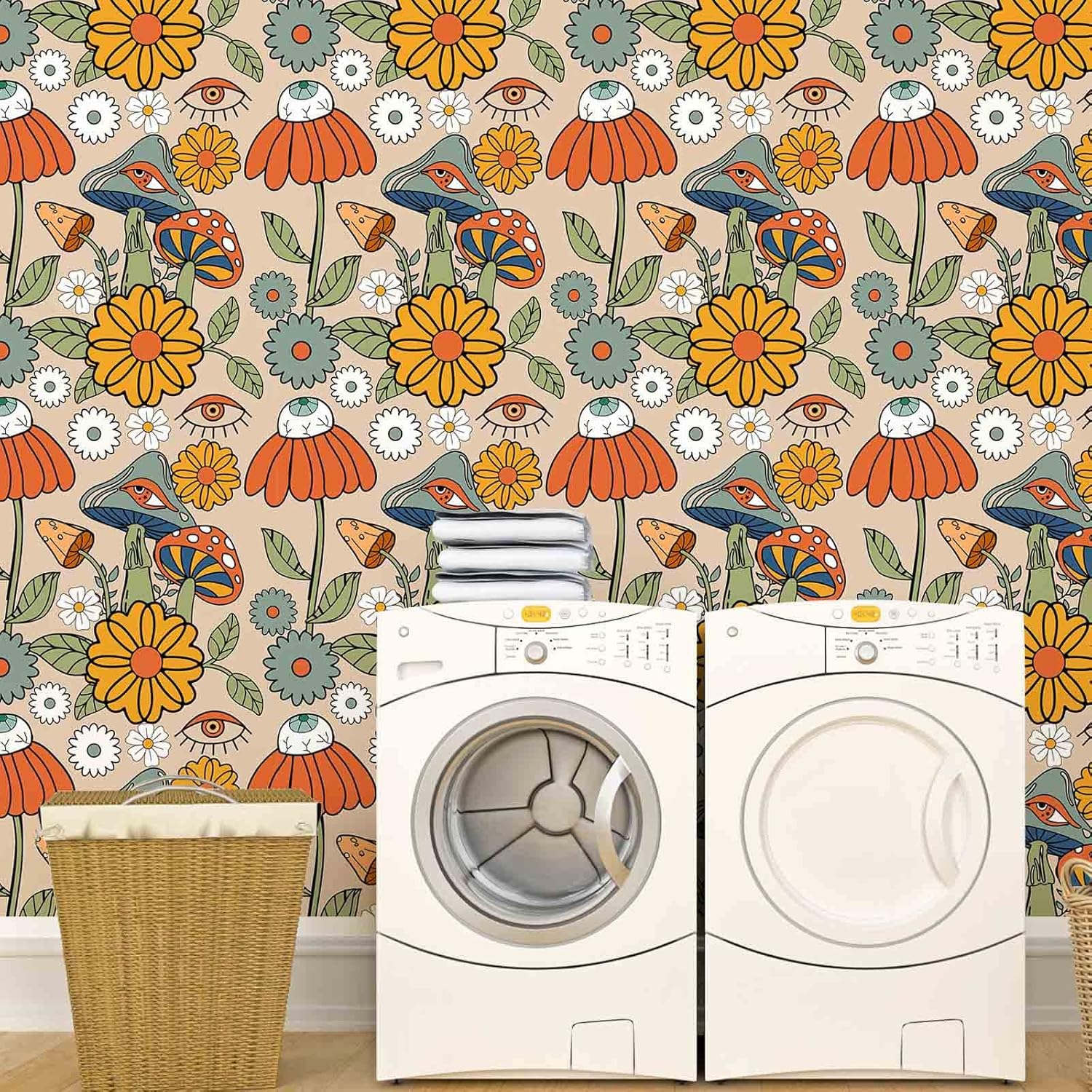 Abyssaly 17.3in x 236in Mushroom Peel and Stick Wallpaper Boho, Colorful Forest Floral Removable Contact Paper, Vinyl Self Adhesive Wall Paper Light Colour for Bedroom Bathroom Home Decor