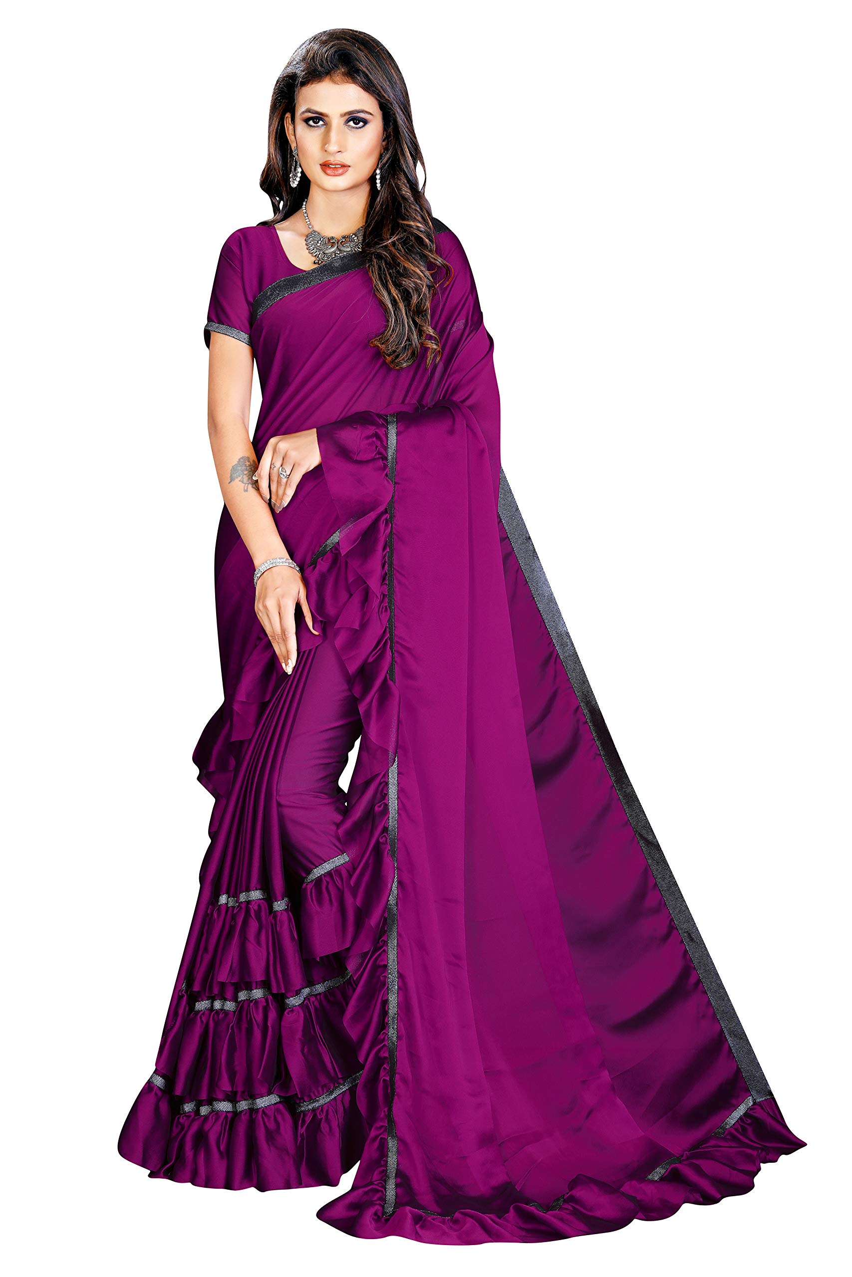 KFHubSaree for Women Indian Ethnic Designer Silk Sari Ruffle Work Traditional Wedding Gift Dresses Party Wear Design Sarees with Stitched Blouse (Purple, Unstitch Blouse)