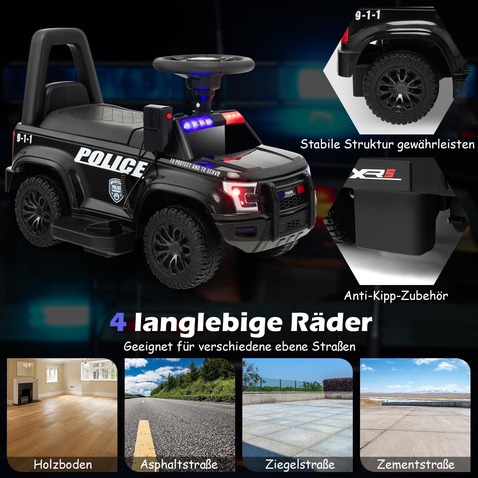 GOPLUS Kinder Elektroauto Polizei, 6V Kinderfahrzeug mit Megaphon, Sirenengeräuschen und Lichtern, Kinderauto mit Musik, Geschenk für Jungen und Mädchen im Alter von 18-60 Monaten (Schwarz)