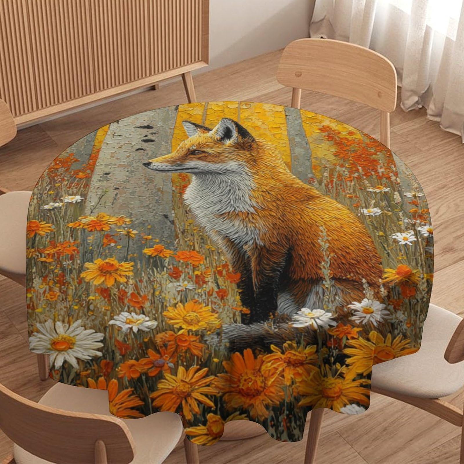 LUYYSKY Beautiful Classic Animals Fox Waterproof Round Tablecloth Mid Century Retro Autumn Forest Plants Daisies Flowers Foxes Pattern Washable Table Cover for Kitchen-127 Wx127 L cm