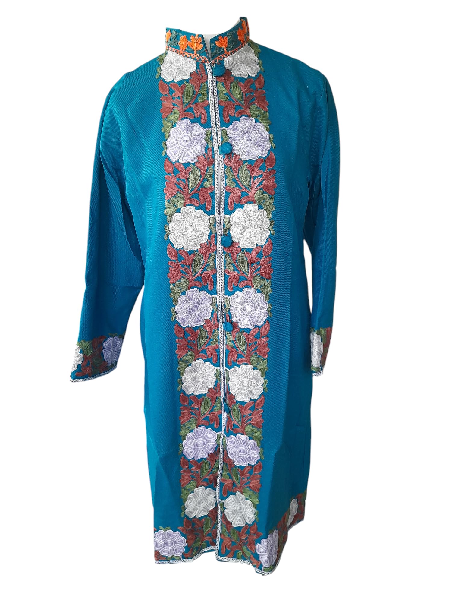 Kashmiri aari embroidery floral design woolen coat with attach lining for women || green color || L: 40.5" B: 20.5" Sleeves: 22"-image-3
