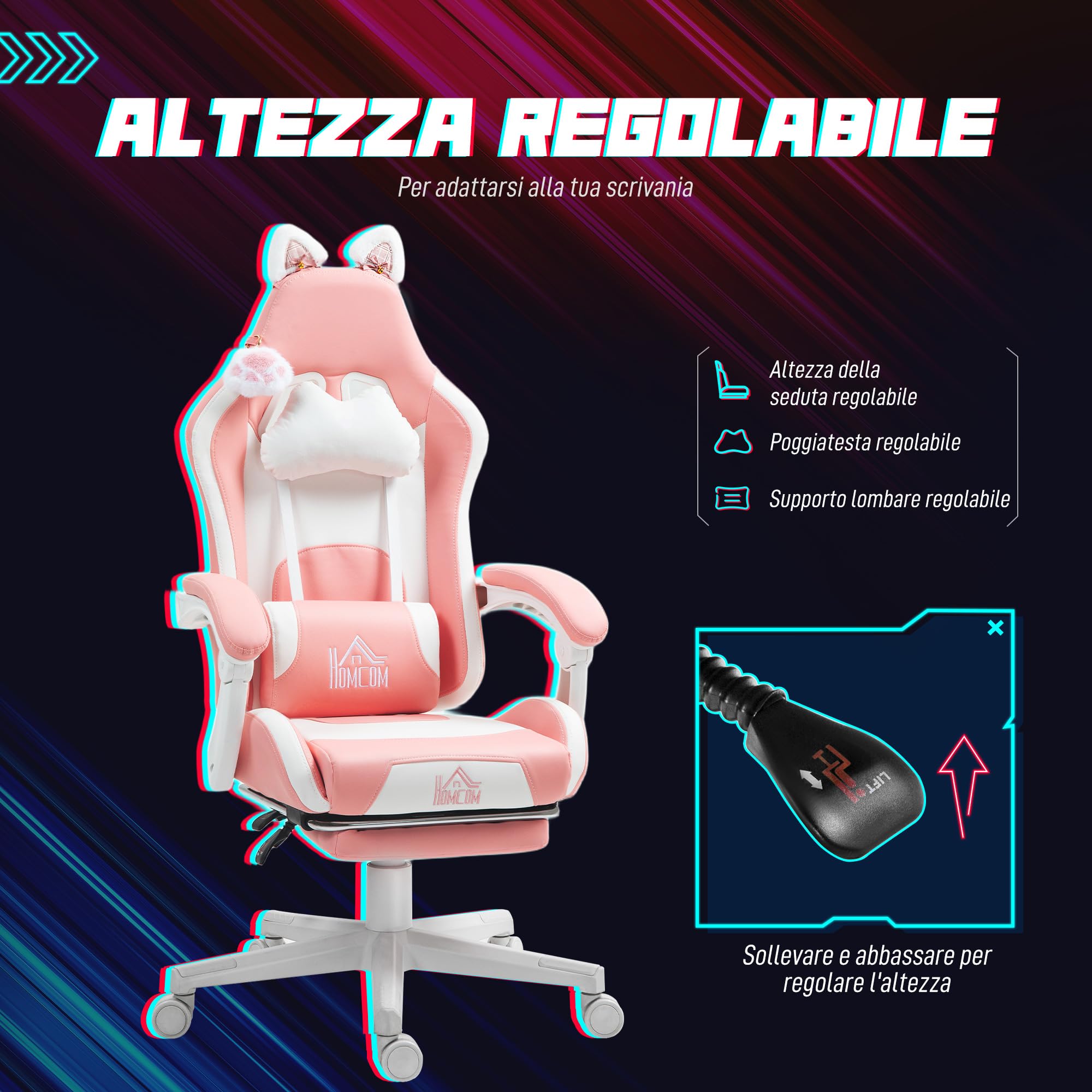 HOMCOM Sedia Gaming Ergonomica con Orecchie da Gatto, Poltrona Gaming Ufficio Reclinabile in Finta Pelle con Poggiapiedi, Poggiatesta e Altezza Regolabile, Supporto Lombare e Cervicale, Rosa