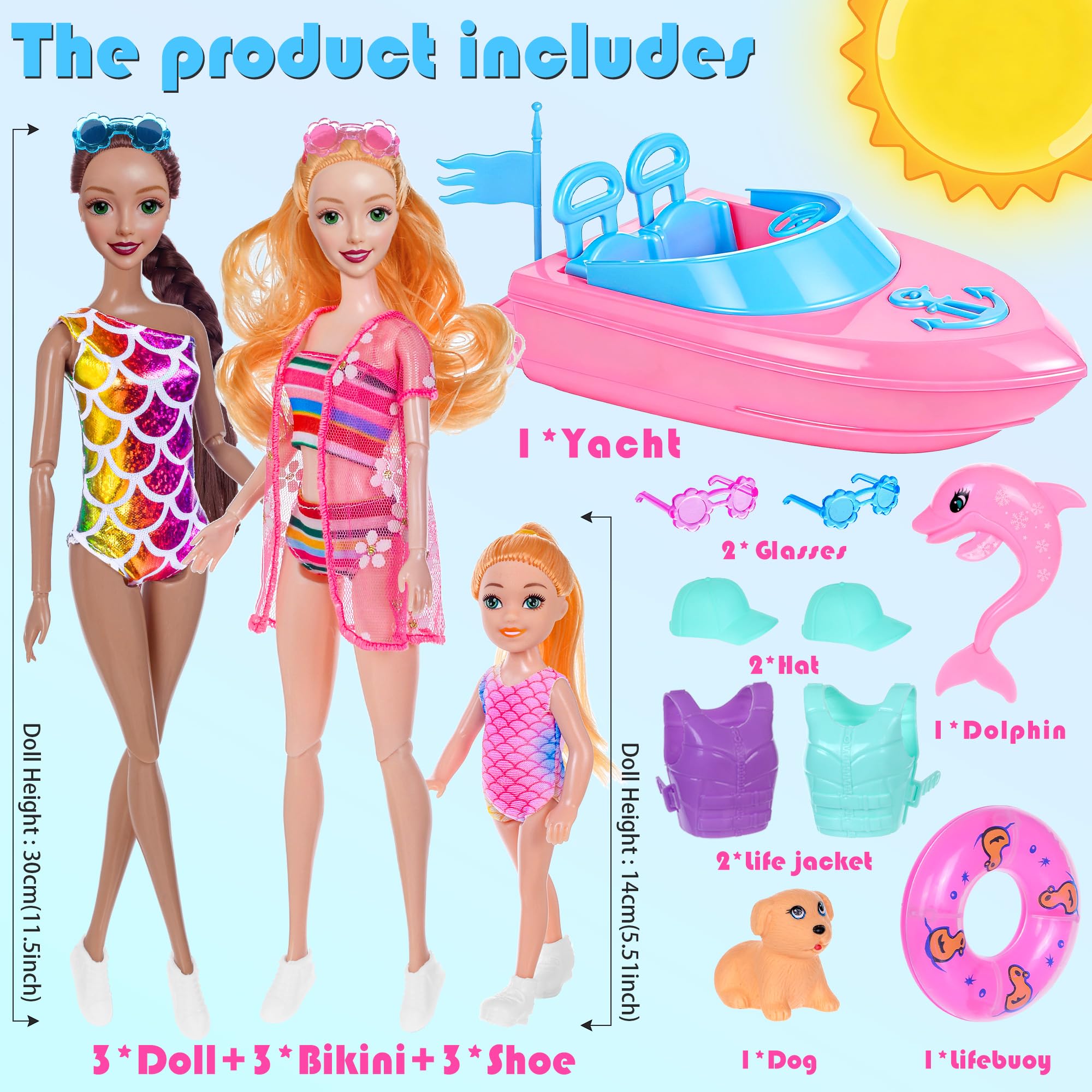 dollbie 11,5 Zoll Modepuppen und Boot Spielset - 3 Puppen mit Badebekleidung, Schwimmwesten, Zubehör, Haustier Welpe und Delfin Spielzeug - Sommer Strand Abenteuer Geschenkset für Mädchen