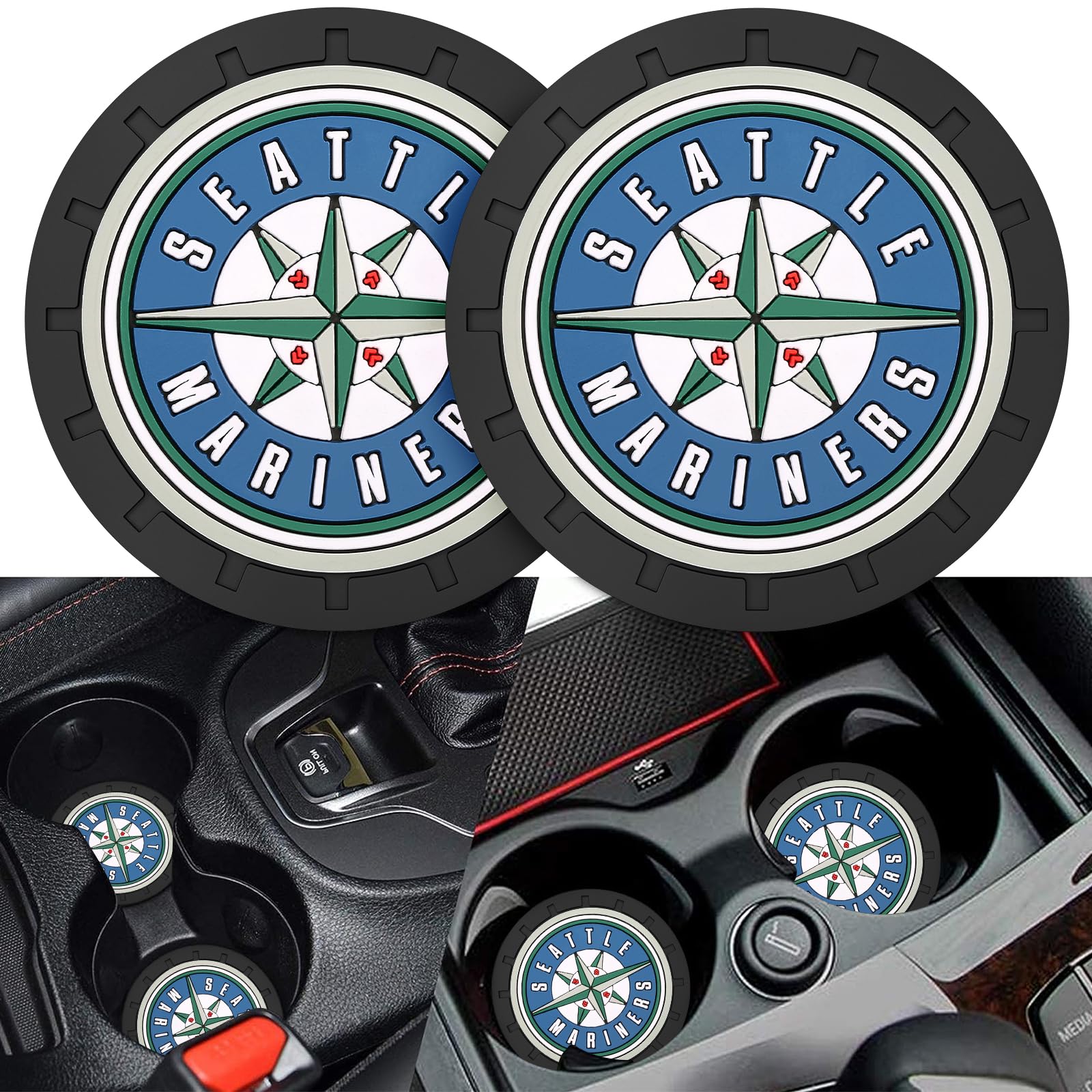 2PCS Car Cup Holder Coaster,Auto Cup Holder Insert Coaster for Seatle Mariners Baseball Fans, Non-Slip Car Drink Holder Coaster, Car Interior