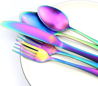 Rainbow Flatware Set, 20 Piece Set Matte Rainbow Plated 18/0 Stainless Steel Cutlery Dinnerware Flatware Sets, Service for 4