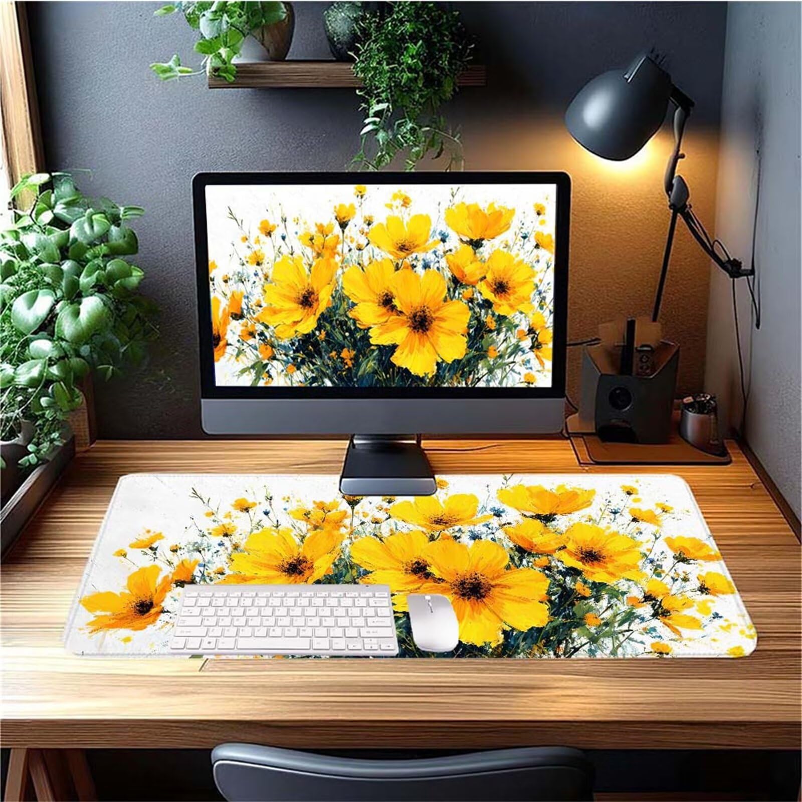 Alfombrilla Ratón Amarillo Flor Alfombrilla Ratón XXL 1400x600x3mm Mouse Pad Resiste Salpicaduras, Extendida de Gran Tamaño con Bordes Cosidos, Mejora la Precisión y la Velocidad, Antideslizante y-275