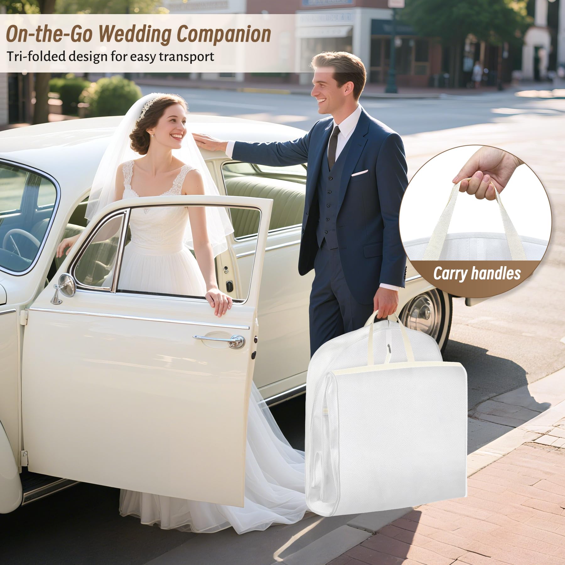 KIMBORA Kleidersack für Hochzeitskleid, 183 cm, mit 38,1 cm Zwickel, Brautkleidertaschen für Kleider, lange Aufbewahrung und Reisen, große Netztaschen, hängende Kleiderhülle für Damen, Weiß