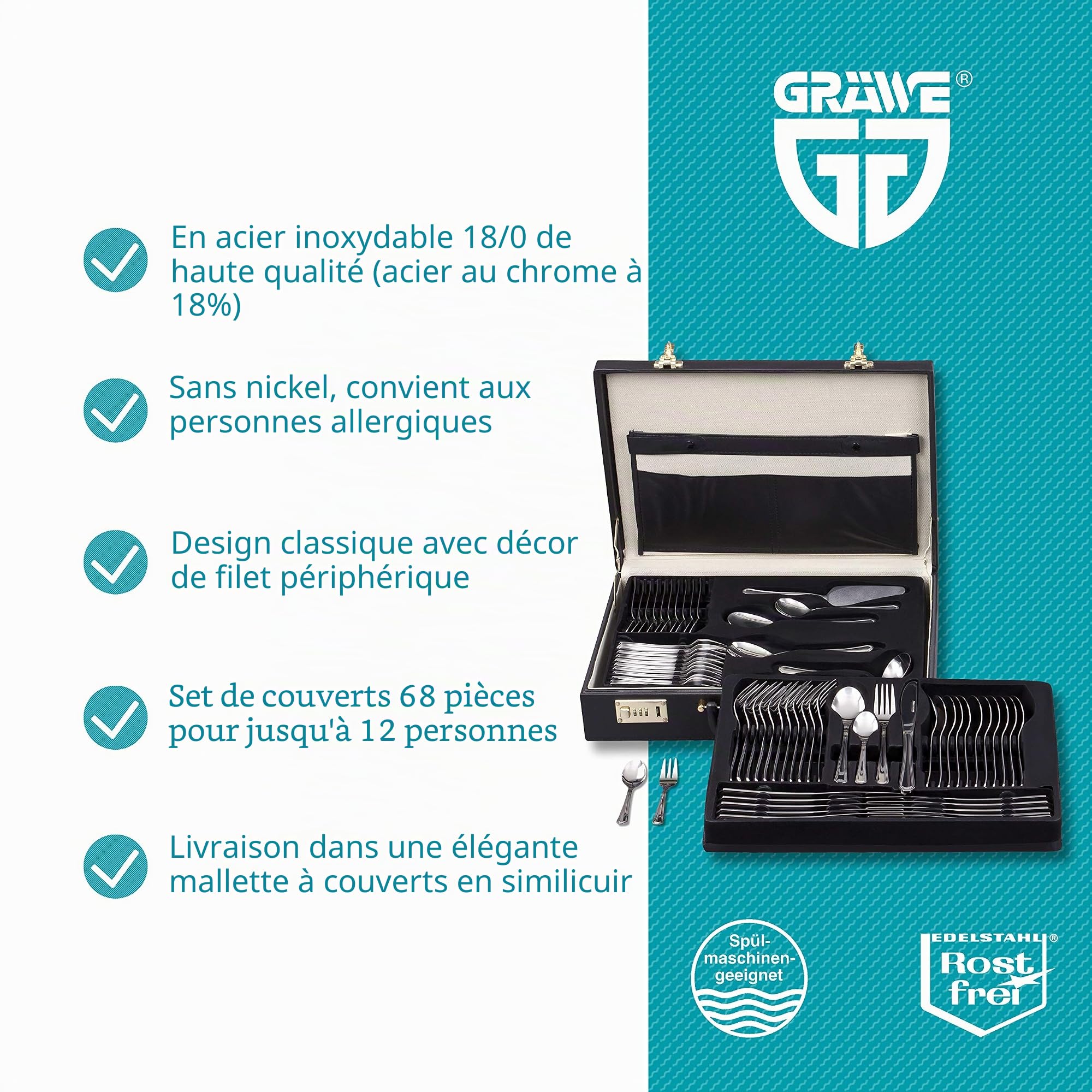 GRÄWE Mallette à couverts pour 12 personnes, 68 pièces en acier inoxydable, set de couverts avec mallette avec couverts et pelle à tarte, poli à la main, passe au lave-vaisselle - Série Madrid