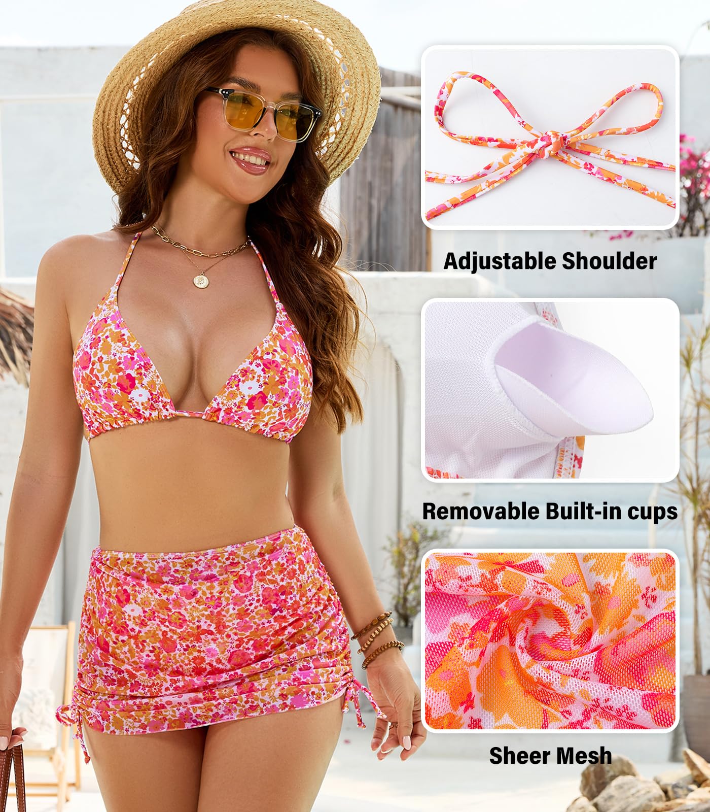 Damski 3-częściowy strój kąpielowy dwuczęściowy zestaw bikini halter tiulowa spódnica plażowa ze sznurkiem V seksowne stroje kąpielowe