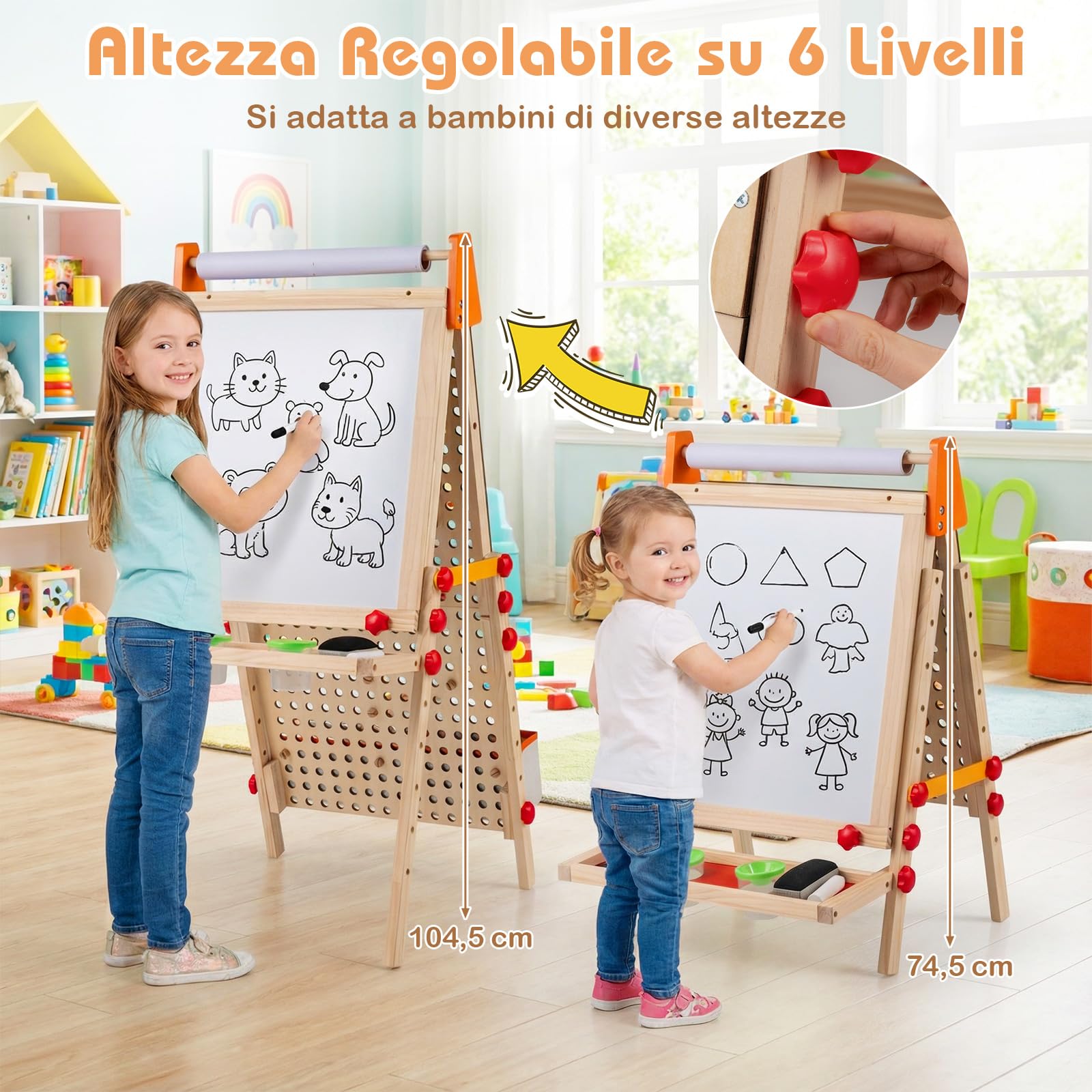 COSTWAY Lavagna per Bambini, Cavalletto Pieghevole e Regolabile, Lavagna Magnetica Doppia Faccia con Rotolo di Carta, Vassoio Portaoggetti e Corsa per Biglie, per 3+ Anni